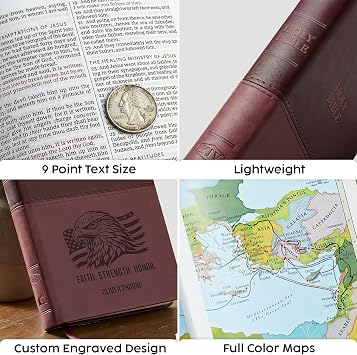 Printualist Personalized KJV Value Thinline Bible, Eagle and American Flag, Faith Strength Honor, Custom Text, Name, Date for Men, King James Version, Red Letter, Brown