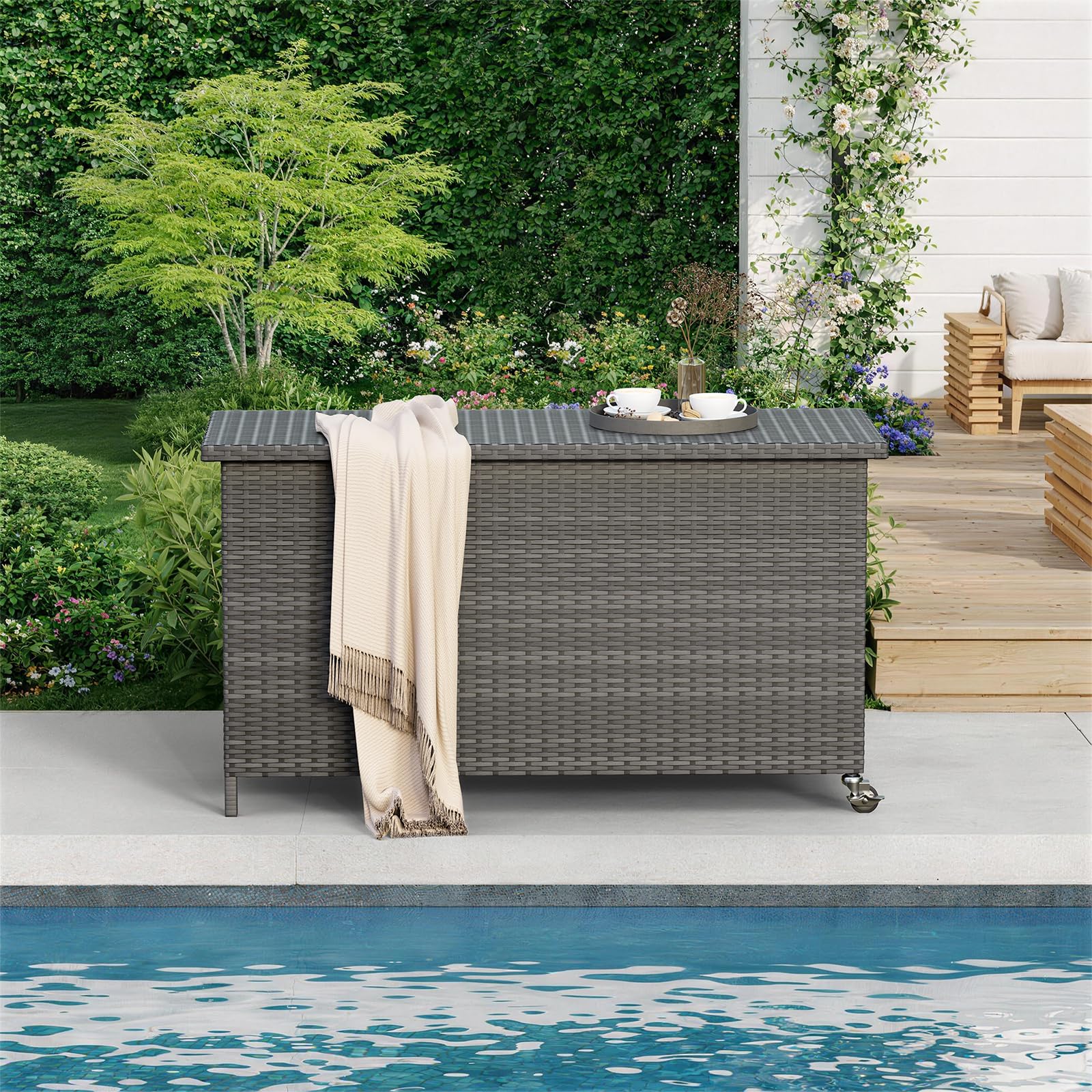 Amopatio 310L Gartenbox Auflagenbox wasserdicht, Kissenbox Outdoor aus Polyrattan, Aufbewahrungsbox Metall mit Rollen & Gasdruckfedern, Gartenkiste wetterfest für Garten, Balkon, Grau