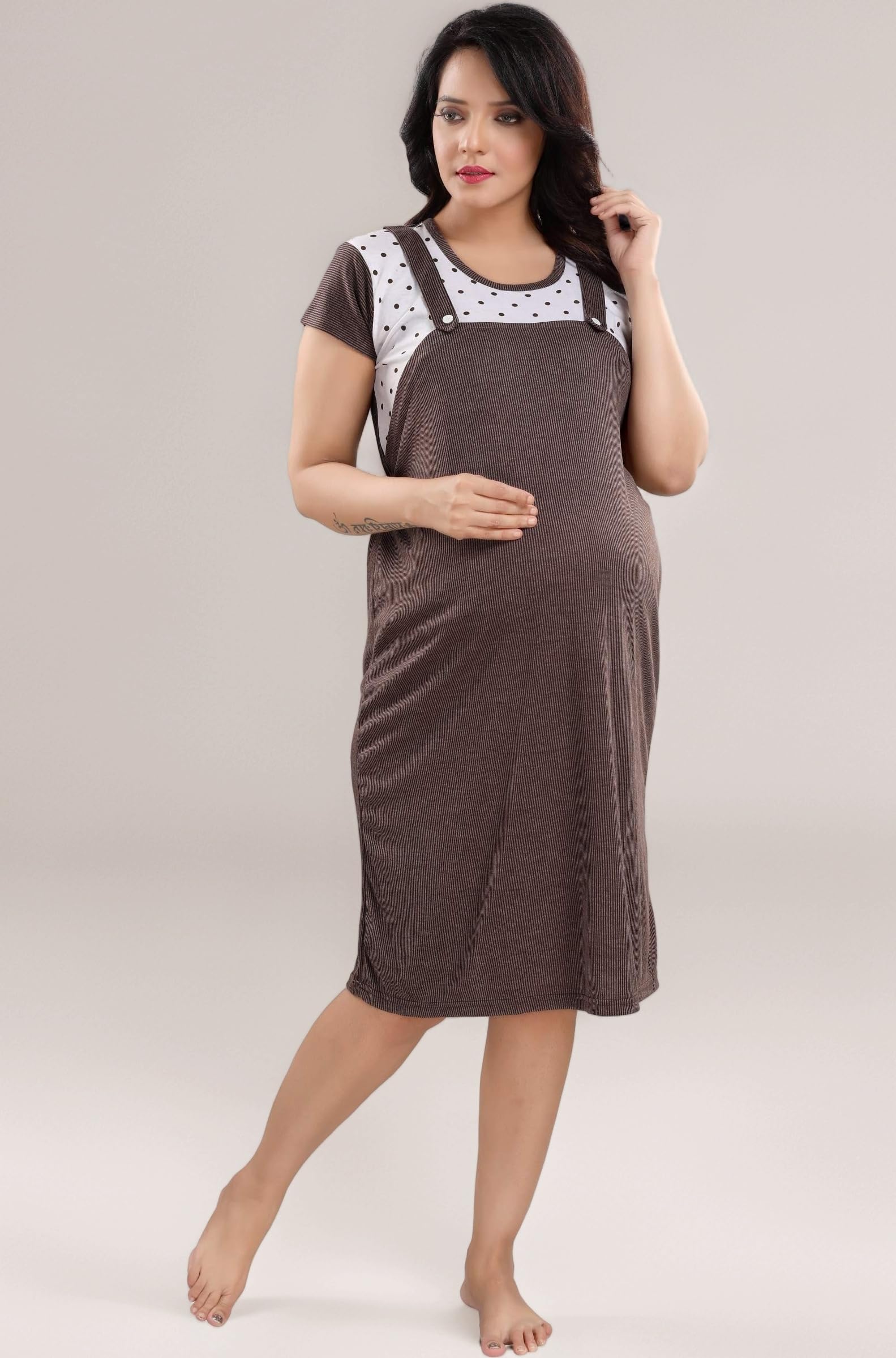 Fabme Women's Polyester Blend Dungaree Knee Length Nighty Pre and Post Pregnancy
