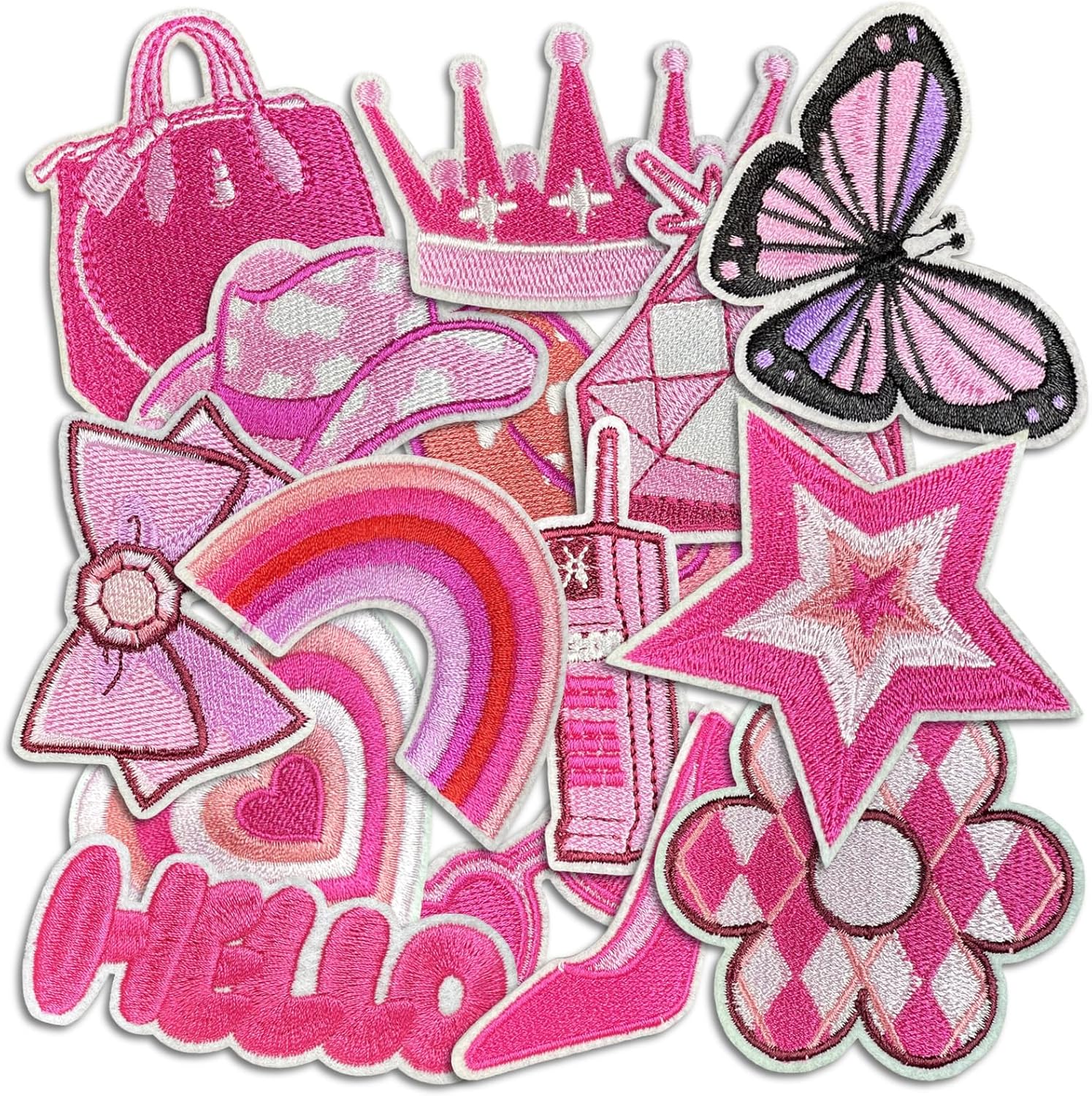 Pink Embroidered Patches, Cute Iron On Patches for Girls, Preppy DIY Decoration Sew Applique Repair Patch for Backpacks, Clothes, Pants, Jackets, Jeans (Trendy2 16 Pcs)