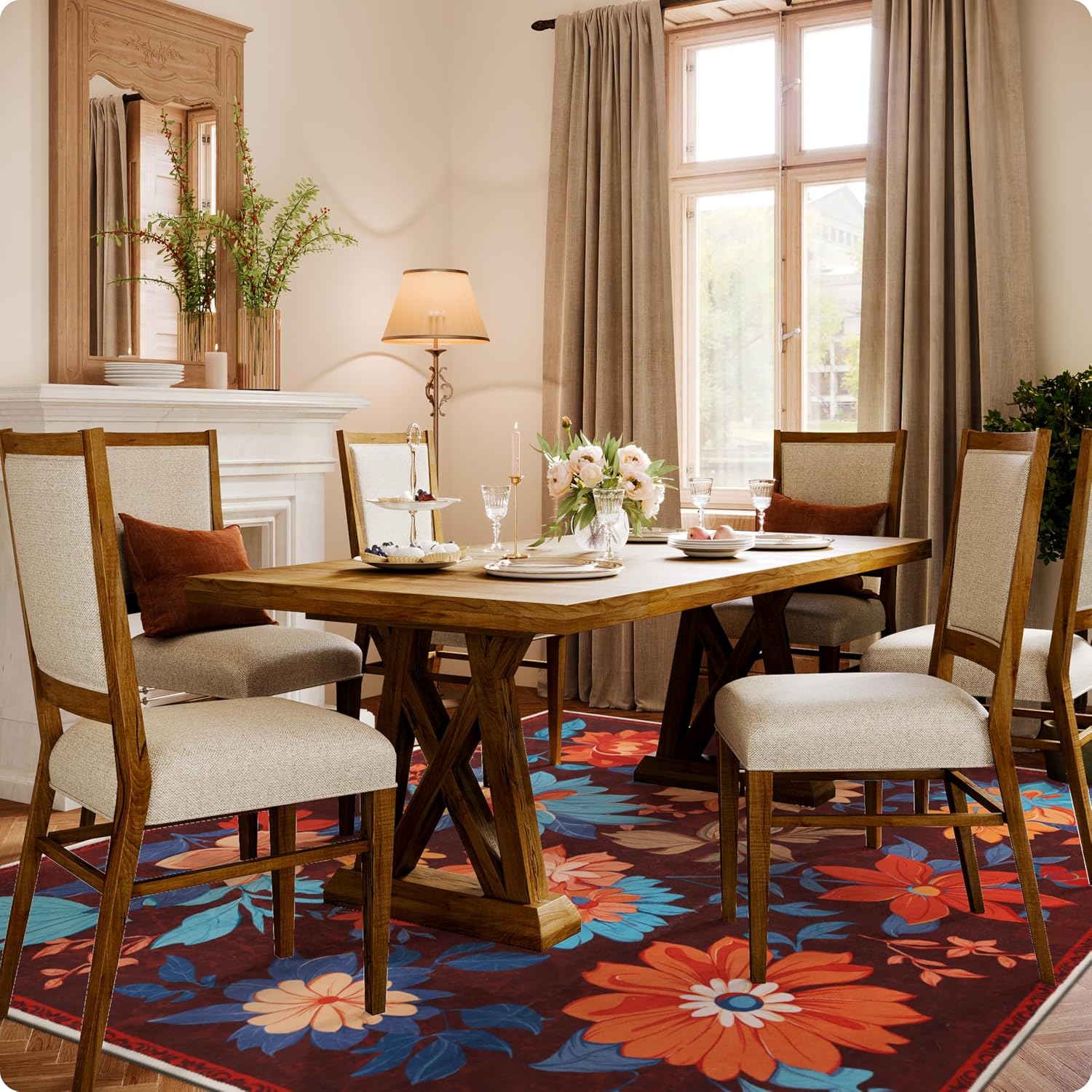 Floral Area Rug 6x9 - Non-Slip Washable Boho Rug Living Room Carpets - Soft & Stain Resistant Rug for Home Bedroom Dining Room Home Office Indoor Nursery Brown