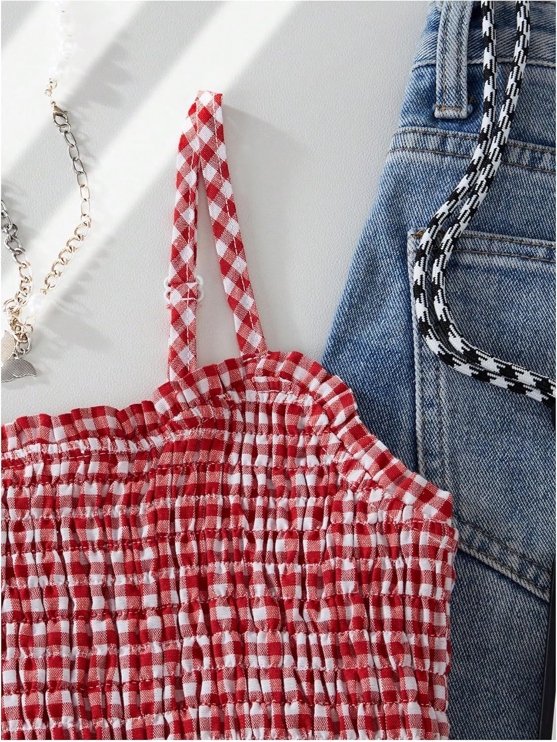 SweatyRocks Girl's Cute Gingham Smocked Peplum Cami Tops Spaghetti Strap Shirred Babydoll Summer Top - Image 3
