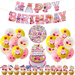 Kirby Birthday Party Decorations Supplies, 82 Pcs Cute Party Favors including Happy Birthday Banners, Balloons, Cake Toppers, Stickers, Party Favors for Girls' Birthday Party, Princess Party