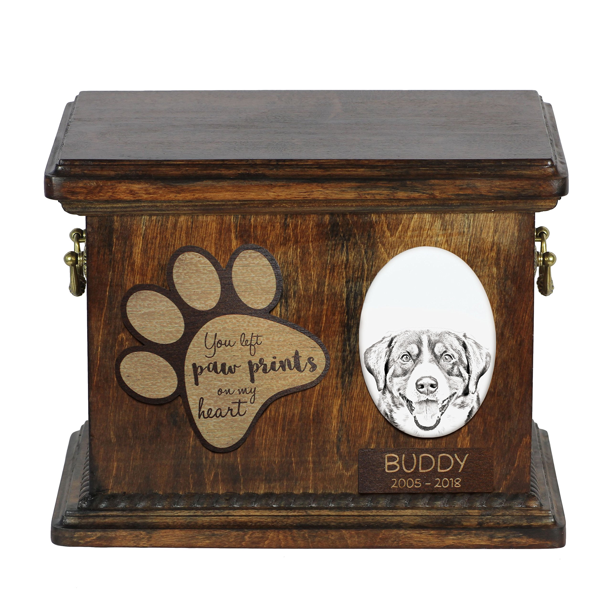 Art-Dog Custom Dog Memorial Urn - Handmade Cold Cast Bronze Portrait on Birch Base with Personalized Ceramic Plate - Elegant Dog Cremation Box – 8,3x11,4x8,7” – Entlebucher Mountain Dog — image 1