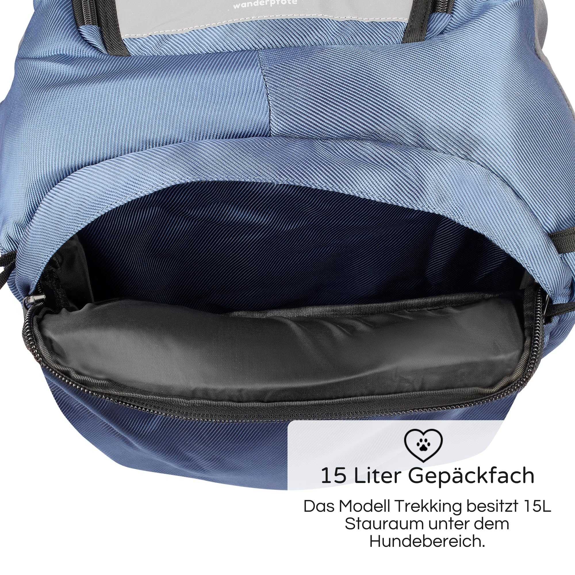 Trekking Hunderucksack bis 12kg zum Wandern - Größe M, Farbe Blau - Premium Rucksack mit Höhenverstellbarem Tragesystem und Stauraum für Gepäck