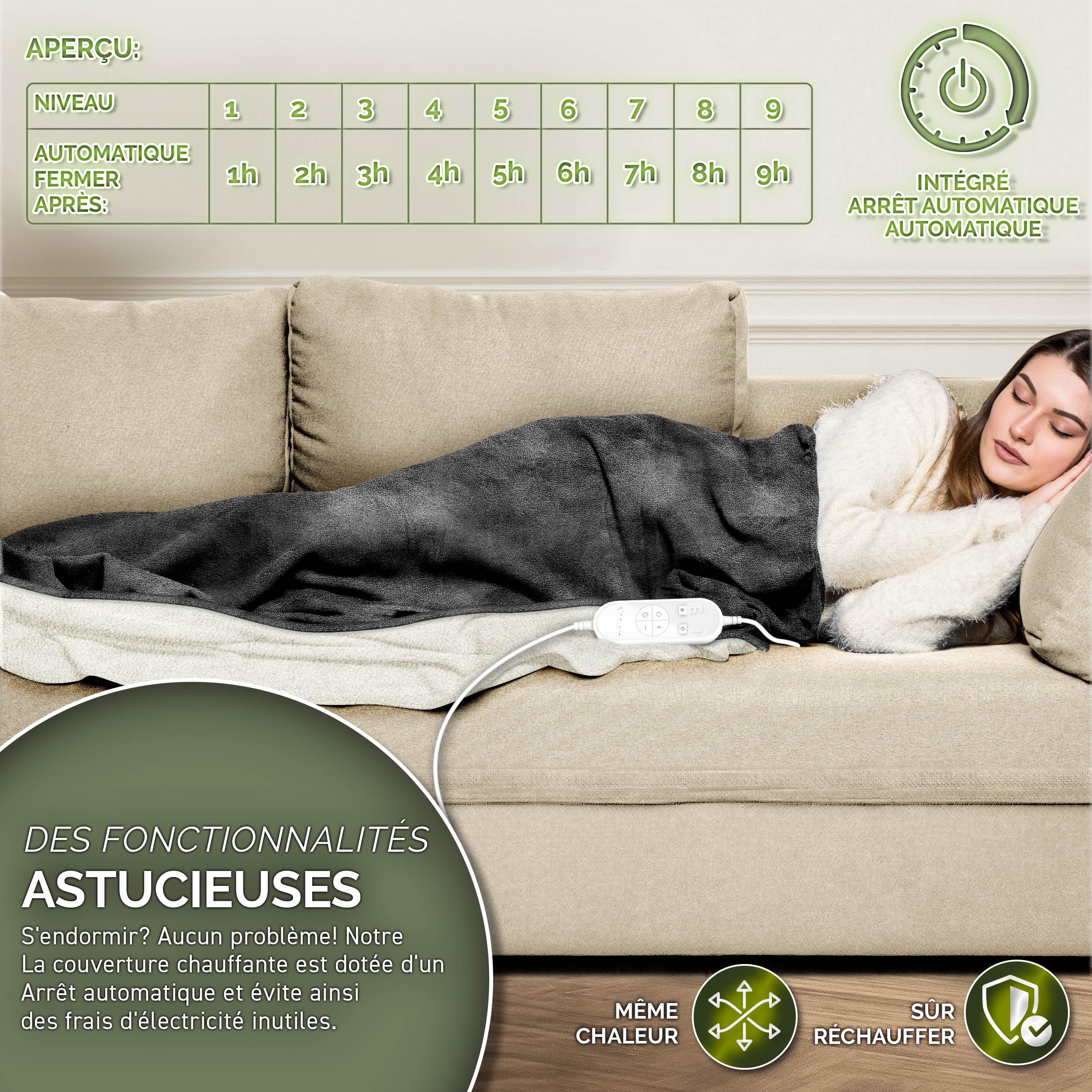 sinnlein® Couverture chauffante 200 x 180 cm avec arrêt Automatique | Plaid électrique avec 9 Niveaux de température | Couverture Douillette Lavable