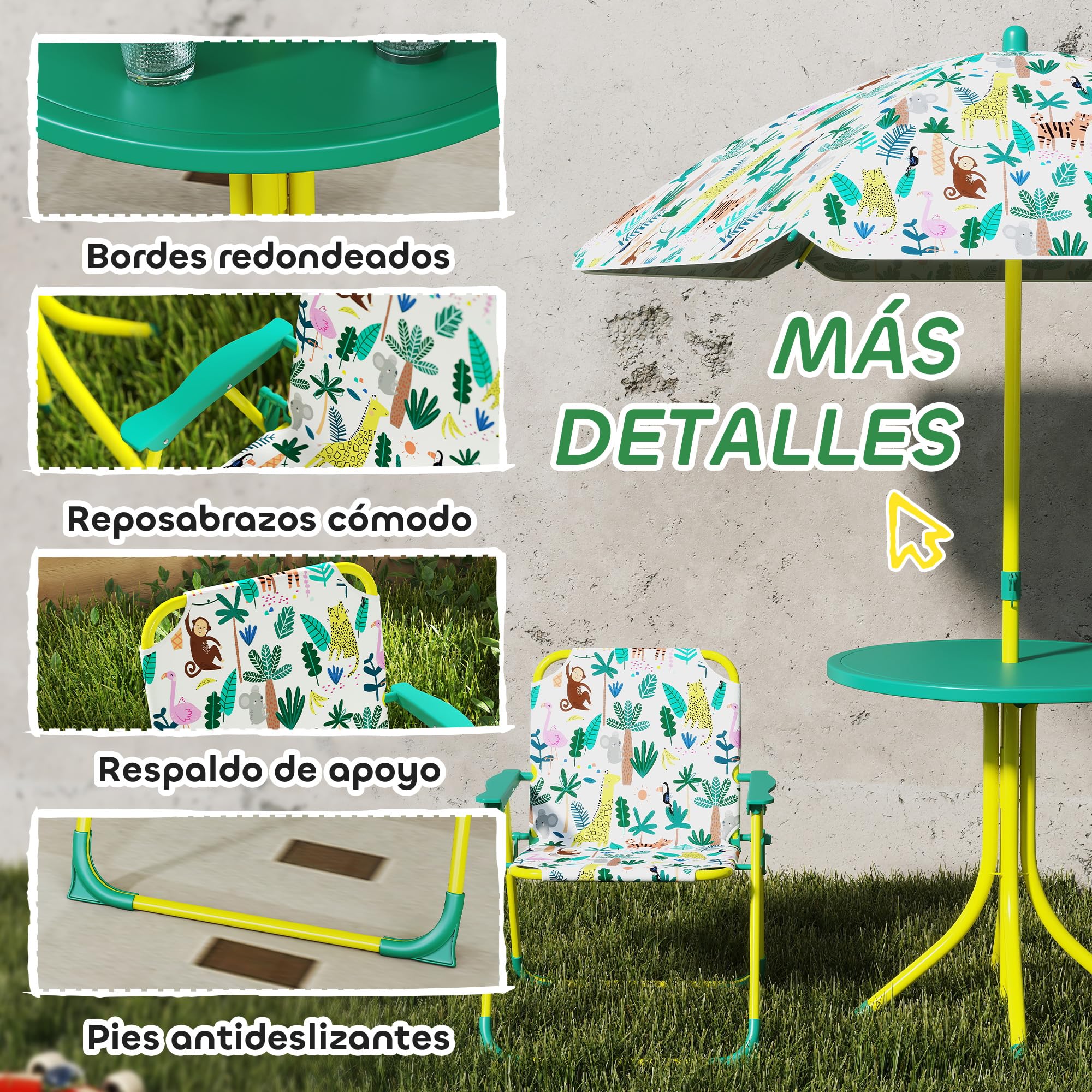 AIYAPLAY Conjunto de Mesa y Sillas Infantil de Jardín de 4 Piezas, Mesa Infantil con Sillas Plegables, Sombrilla Desmontable, Diseño de Jungla, para Patio, Pícnic, Verde
