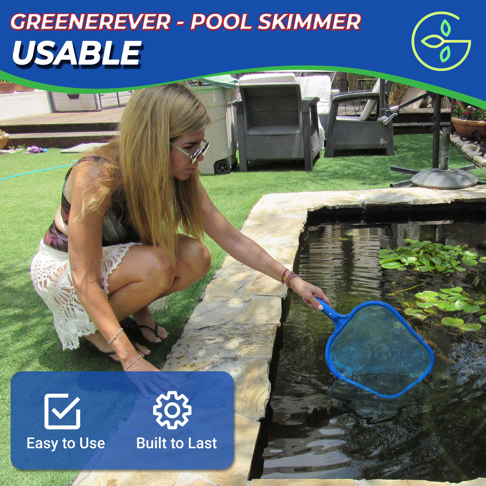 Filet Skimmer Piscine avec Perche (100 cm) | Filet pour Nettoyer Feuilles | Filet à Mailles Fines Structure en Plastique | Retire Facilement Feuilles, Particules des Piscines, Bassins