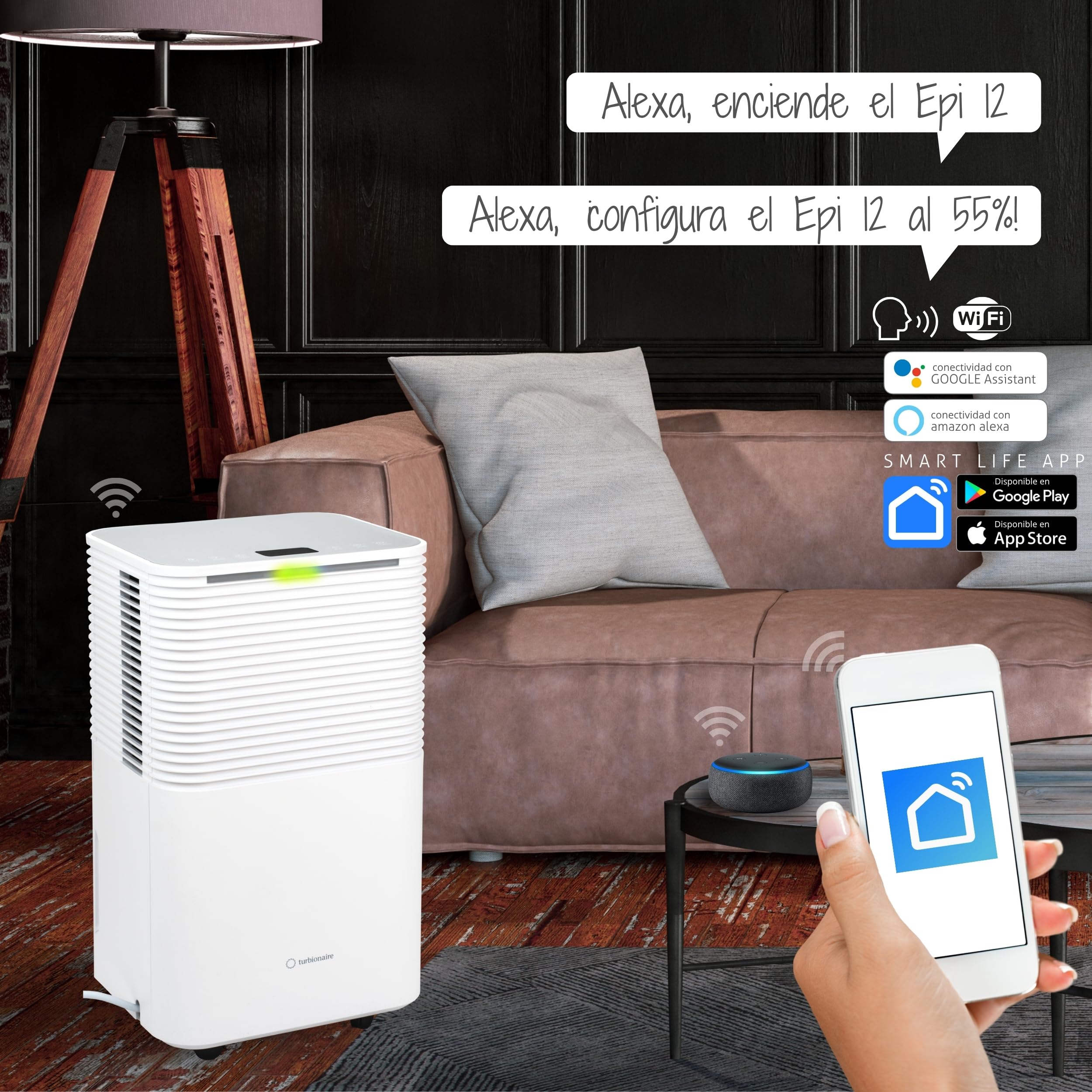 Turbionaire Epi 12 WIFI Deshumidificador Portátil, Control Táctil Compreto,12L/24h, Refrigerante R290, Depósito de 2L, Función Bloqueo para Niños, para habitaciones de hasta 65 m³, Diseño Minimalista