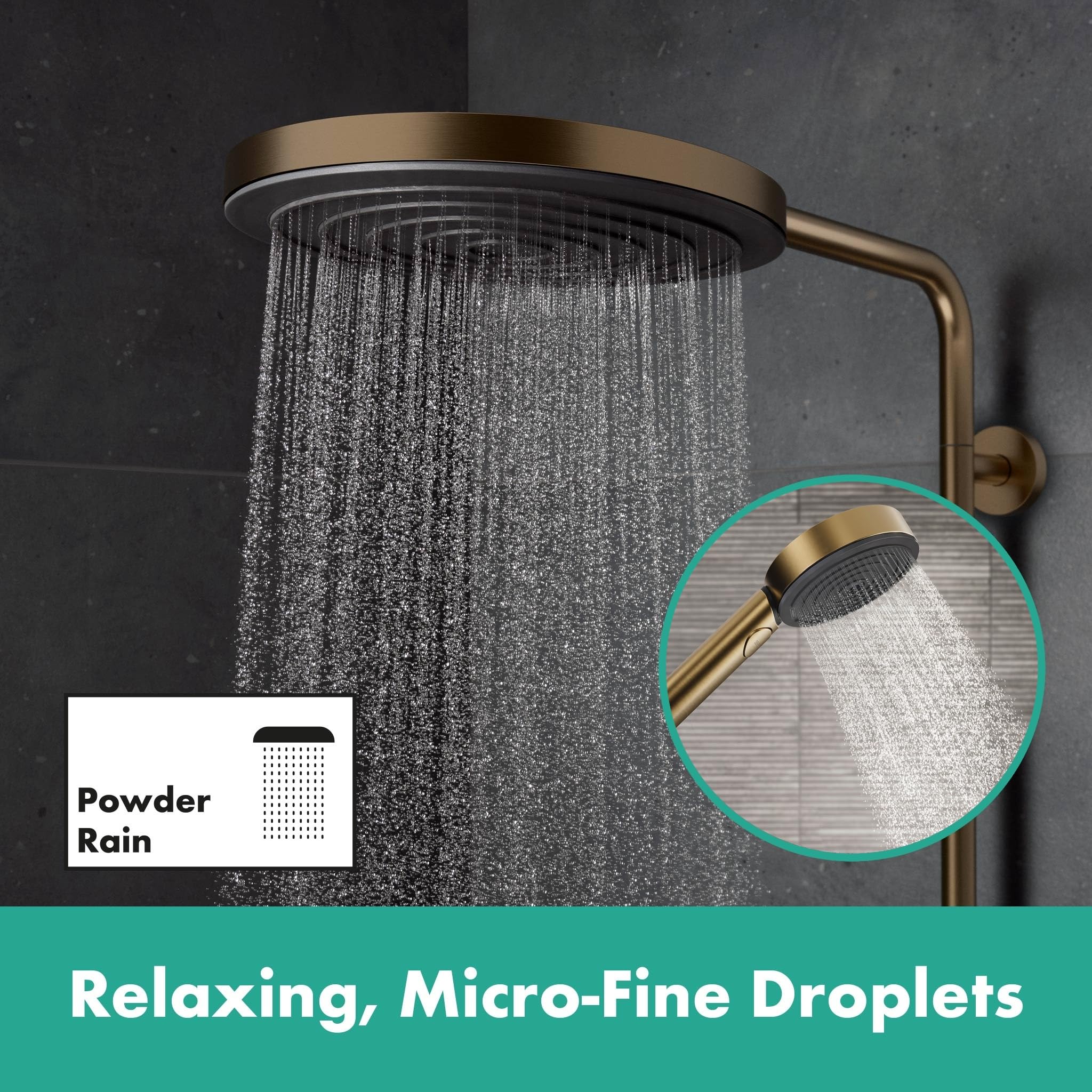 hansgrohe Pulsify S Puro - sistema de ducha ahorro de agua (EcoSmart) con termostato, ducha lluvia (260mm) con grifo, ducha de mano, flexo ducha, barra y ducha fija redonda, bronce cepillado, 24237140