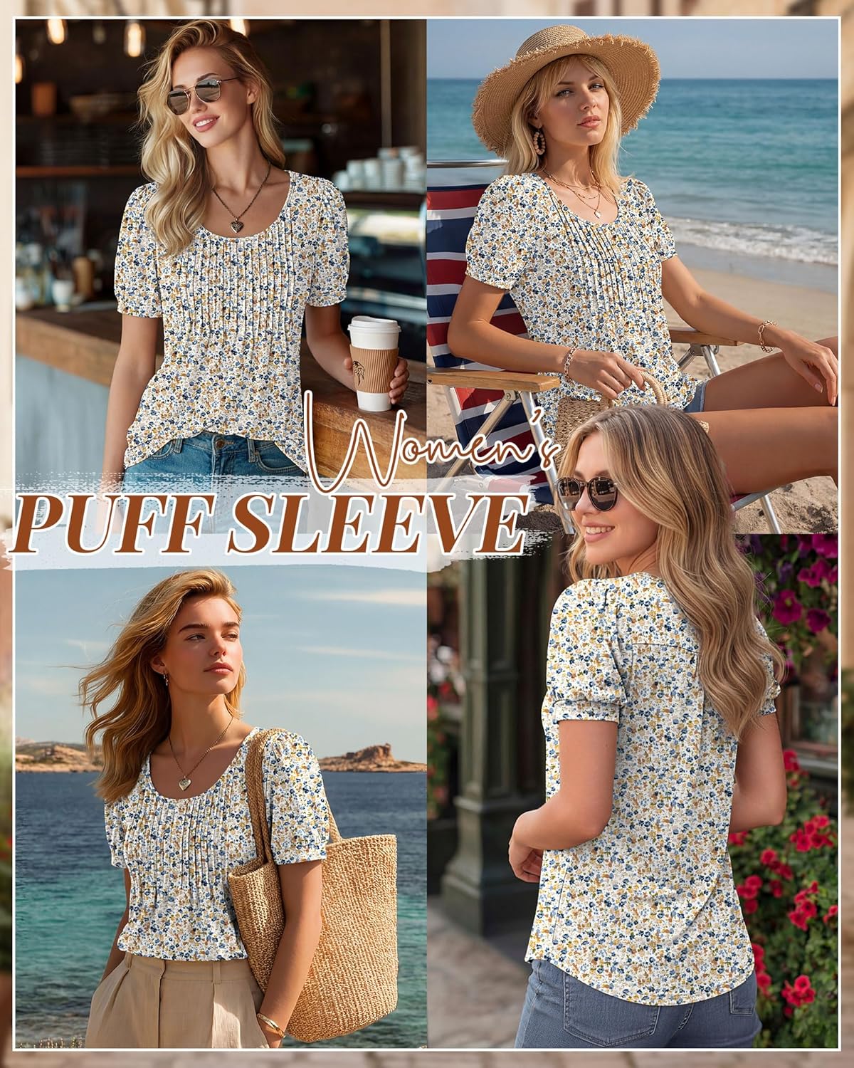 Ficerd Women's Puff Short Sleeve Tunic Tops Pleated Crew Neck Summer Blouses Dressy Casual Loose T Shirts - Image 2