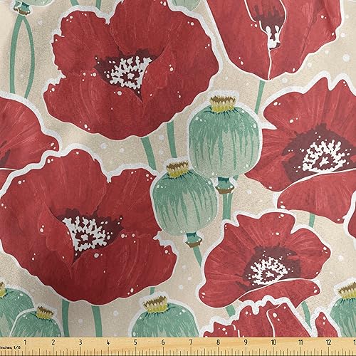 Ambesonne The Yard, tela de flores de amapola con patrón de jardín de primavera con cápsulas de flores rojas y pequeños puntos, tela de satén disponible en Yaxa El Salvador