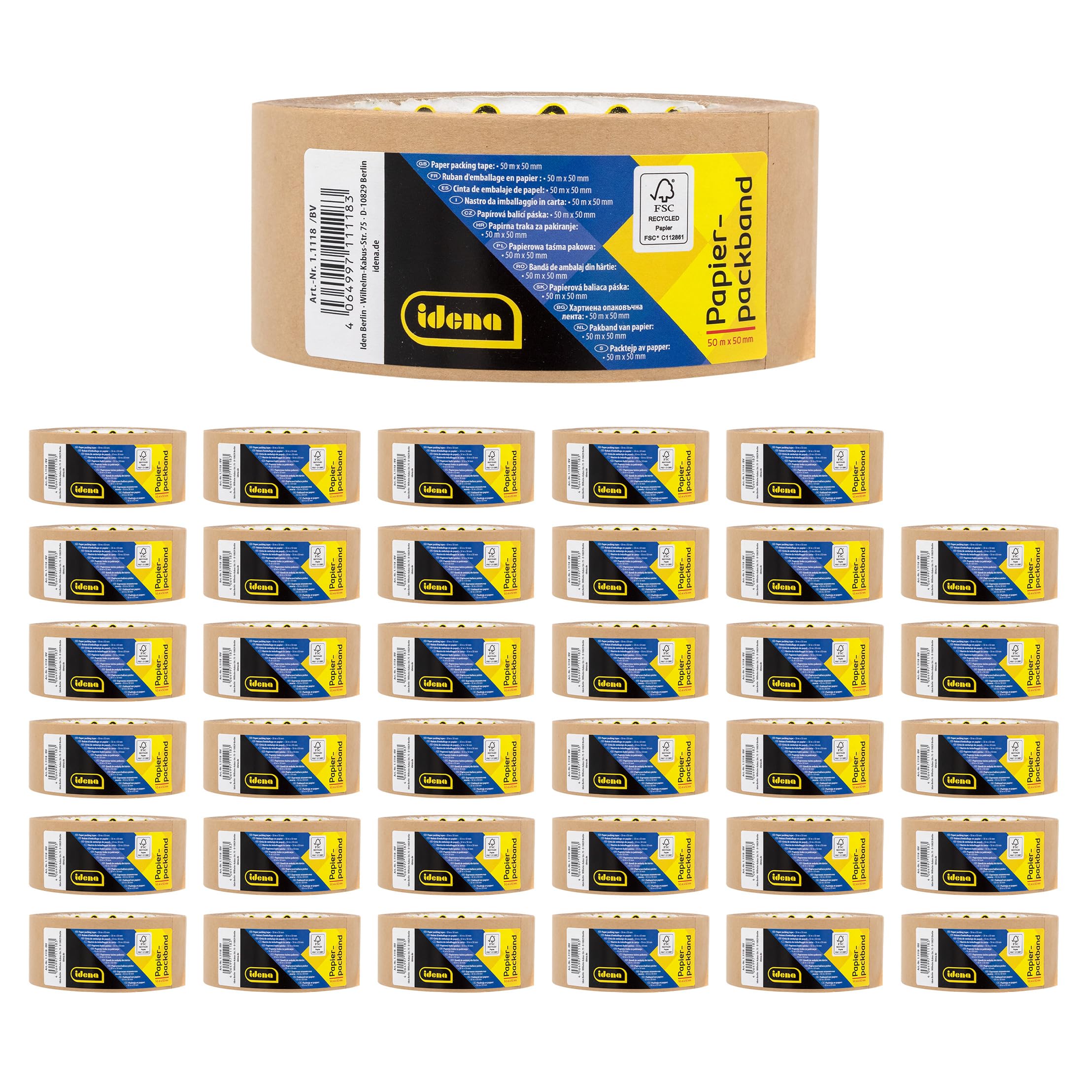 Idena 90269 - Nastro da imballaggio in carta, marrone, 5 cm x 50 m extra forte, 36 rotoli di nastro adesivo in carta riciclata, nastro da imballaggio sostenibile