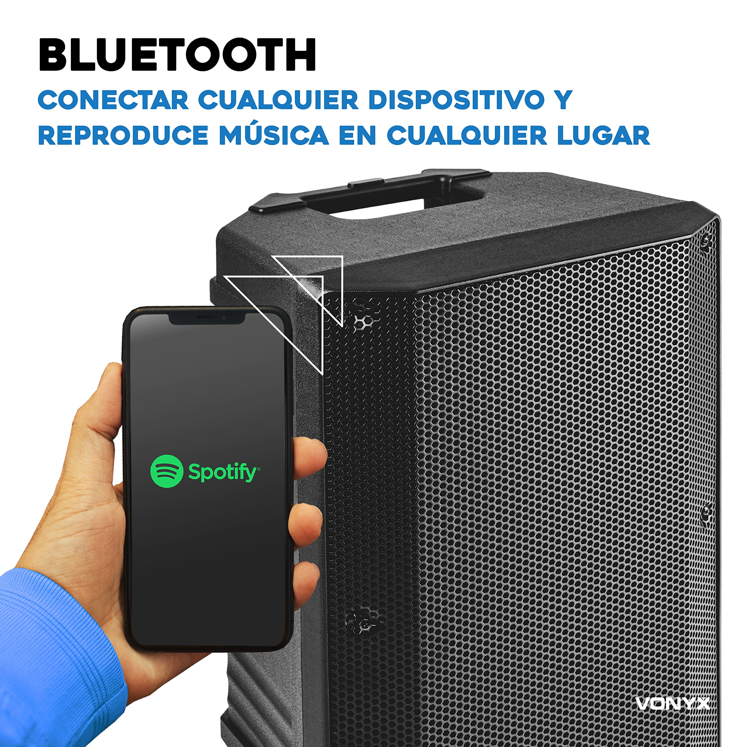 Vonyx VSA700 – Altavoz Bluetooth Grande Potente 15" 1000W con 2 micrófonos inalámbricos UHF, batería Recargable, USB, SD y AUX, Altavoz portátil Bluetooth Potente para Karaoke y Fiestas Color Negro