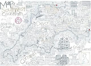 Hand drawn Map of the South West Coast Path, Devon, Cornwall, Somerset, Dorset, A3 Giclée Fine Art print