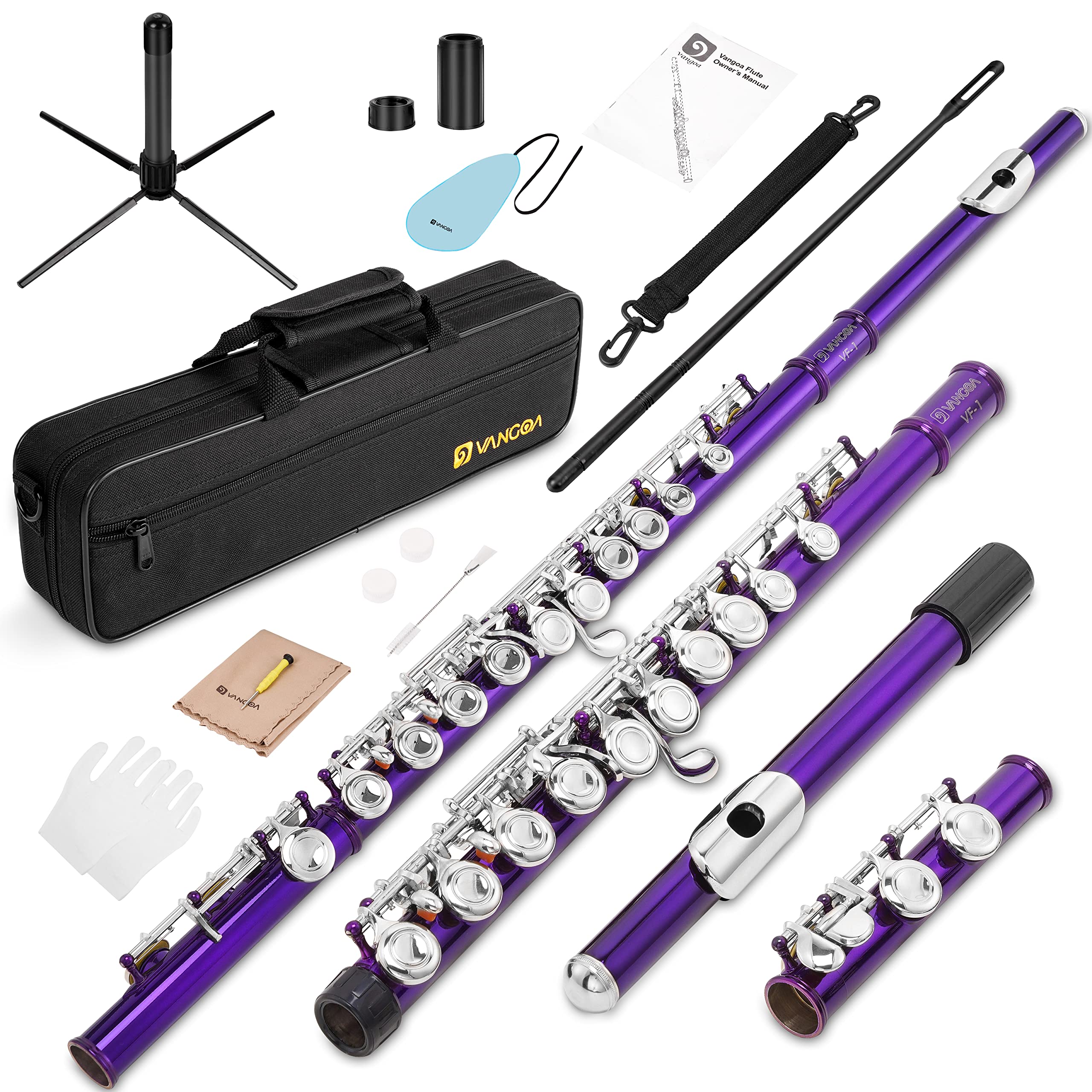 vangoaClosed Hole C Flute for Beginners Kids Student 16 Keys Flute Instrument - Silver Nickel Plated Flute with Case, Stand and Cleaning Kit, Purple