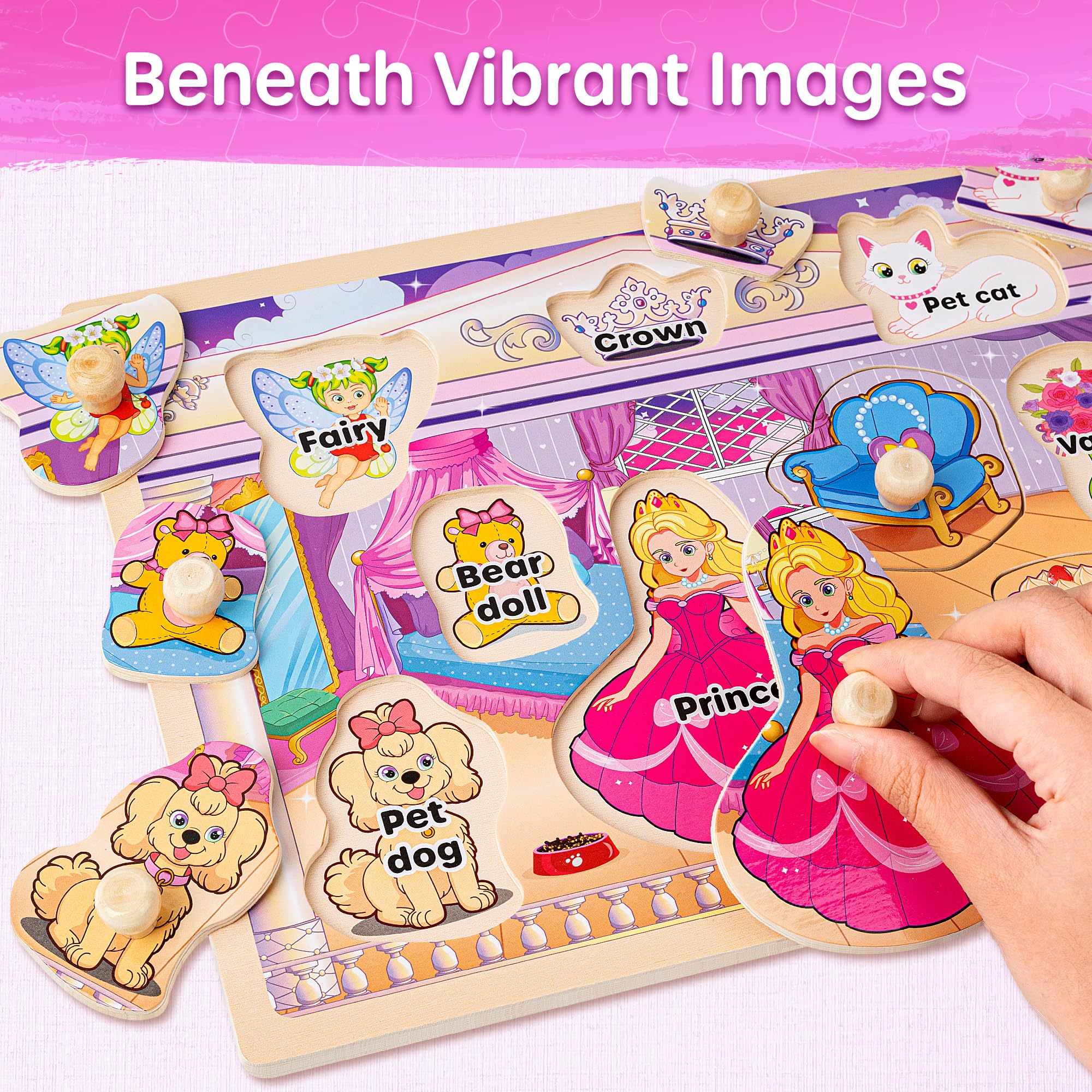 SYNARRY - Holzpuzzle für Kleinkinder 1-3 Jahre alt, 6 Pack 1-3 mit Regal, Alphabet, Zahlenform, Einhorn, Prinzessin, Meerjungfrau, Tiere, Weihnachtsspielzeug