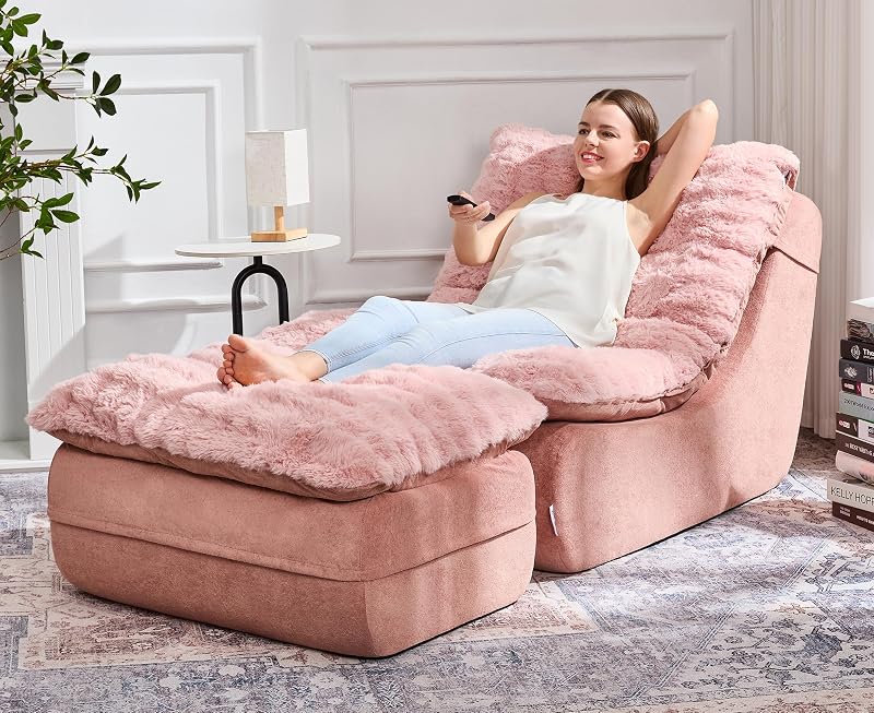 Hobestluk Small Couch Sofa Chaise Lounge Chair Recliner Chair with Footrest | Ergonomic Design,Fluffy Fabric,Multi-Functional Ottoman,No Assembly,Lounge Chair Indoor Living Room Apartment | Pink Single