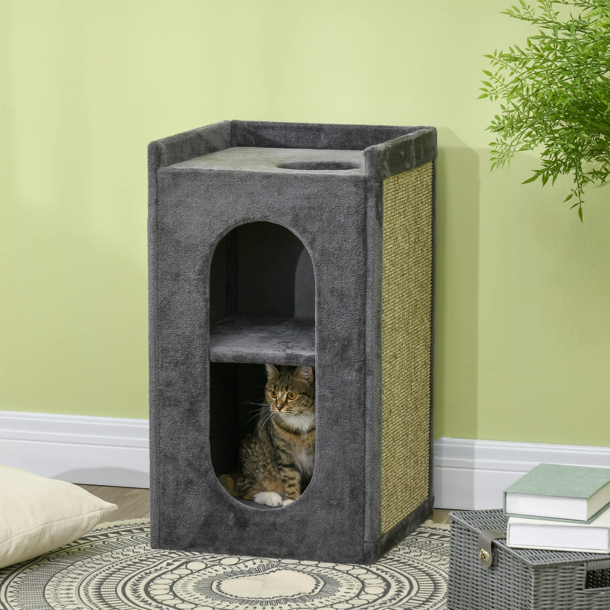 PawHut Kratztonne, 81 cm hoch Katzentonne mit 2 Höhle, Kratzbaum mit Kratzbrett, Katzenturm mit 2 Ebenen, für Katze bis 6 kg, Dunkelgrau