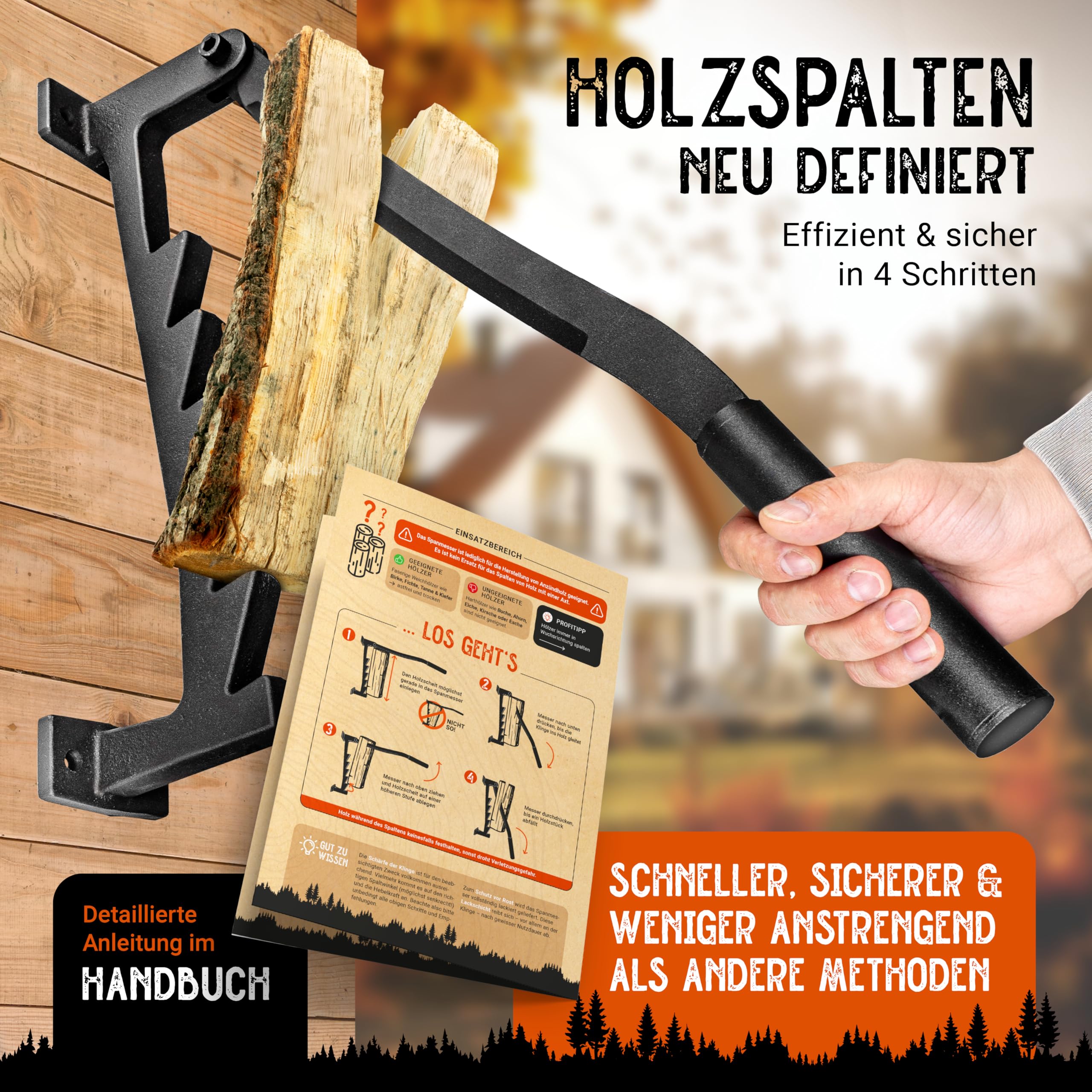 BearClaw Holzspalter manuell - Anzündholz Spalter zur Wandmontage - Handholzspalter, Spanmesser, Wand Holzspalter, Spalter Holz, Wood Splitter - Indoor & Outdoor Holz spalten - inkl. Anleitung