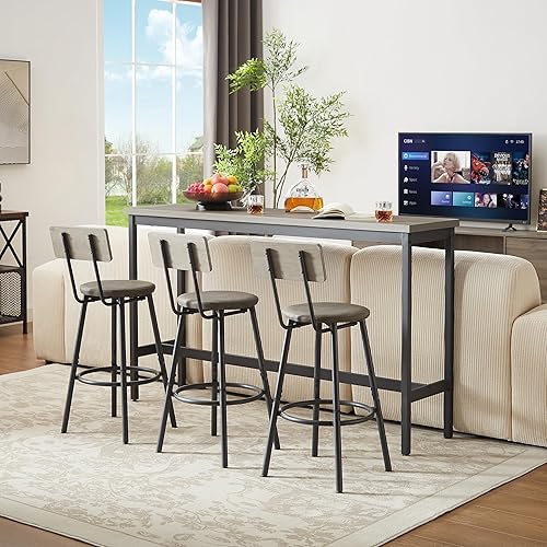 Long Bar Table Set with 3 PU Upholstered Bar Stools, Bar Table and Chairs for Kitchen Breakfast Table, Living Room, Banquet Hall, Rustic Gray and