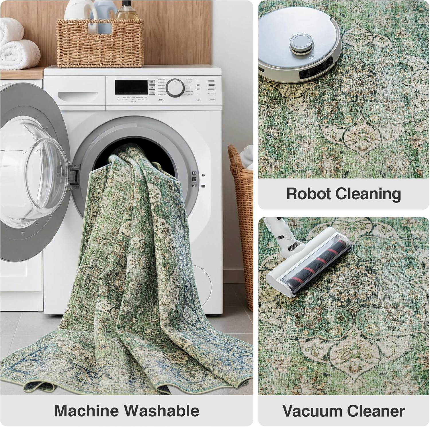 FMFUNCTEX 2x6 Hallway Runner Rug Green Vintage Washable Distressed Oriental Non Slip Low Pile Neutral Indoor Carpet Retro Antique Thin Entryway Rug for Kitchen Bedroom Bedside Laundry Entry Bathroom