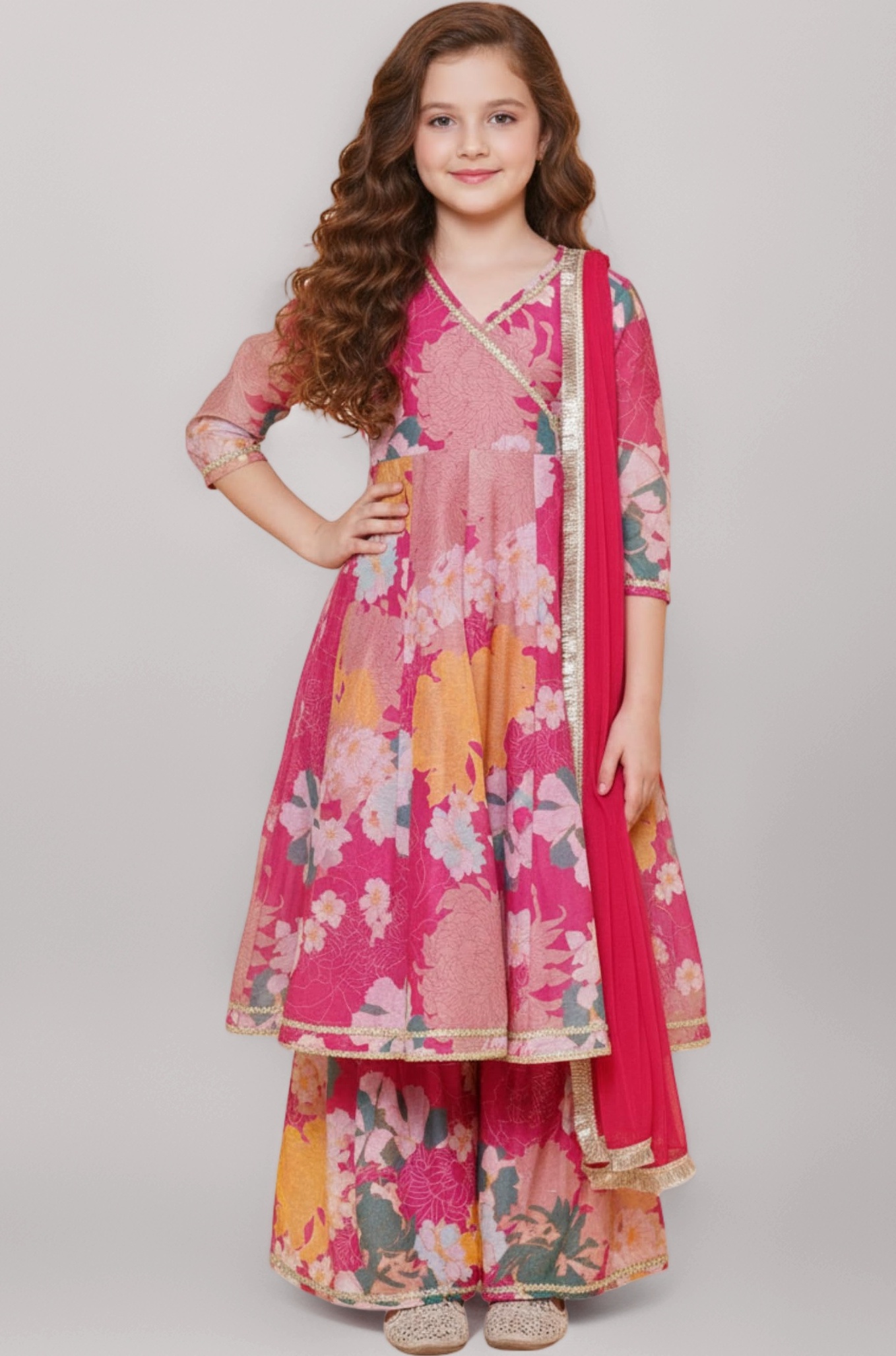 Naixa Girls Rayon Fabric Floral Printed 3/4 Sleeve Sharara Dress Set For All Occasion salwar suit