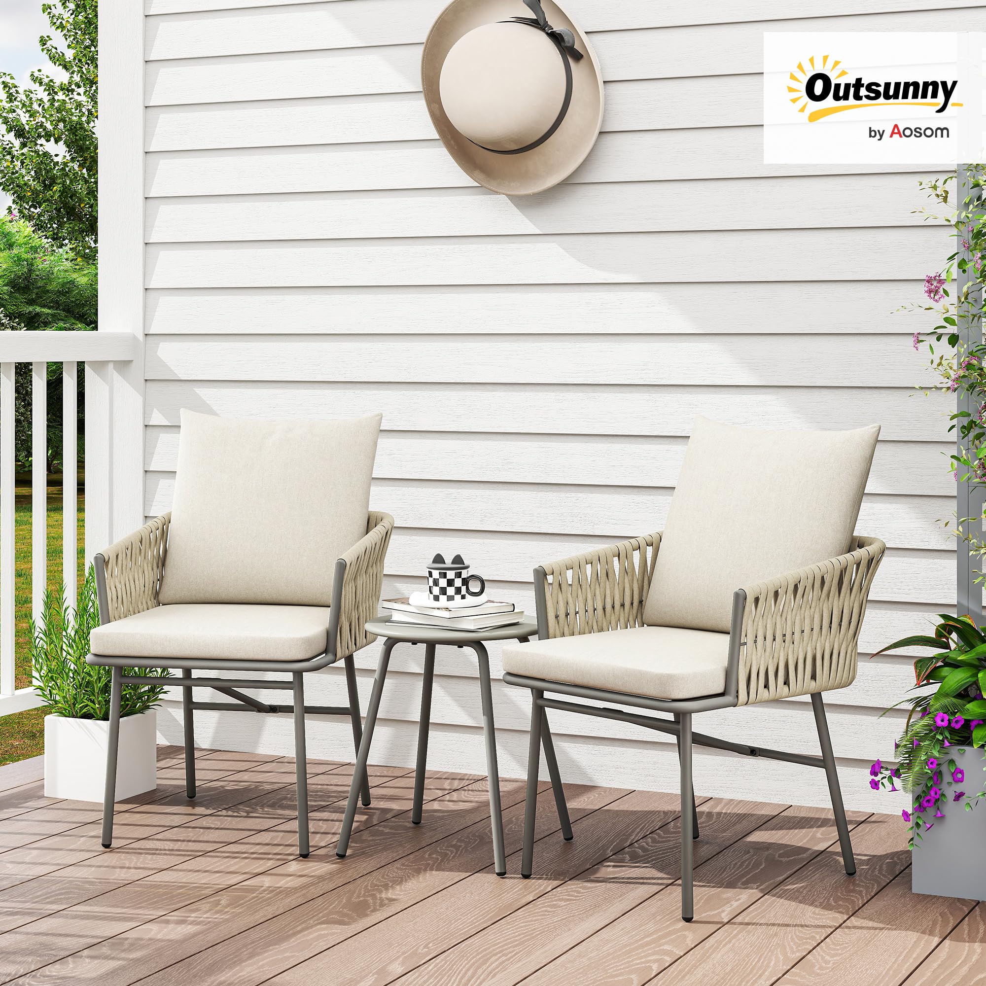 Outsunny Conjunto de Jardín Exterior de 3 Piezas Muebles de Jardín con 2 Sillas con Cojines Extraíbles Lavables y Mesa Terraza con Tablero de Metal Impermeable Anti-UV para Balcón Patio Gris y Crema