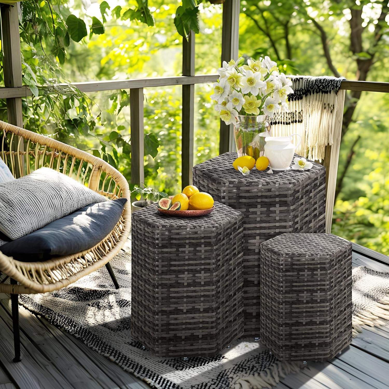 Sundale Outdoor Wicker Side Table Set of 3, Nesting Rattan Coffee End Tables for Small Spaces, Weatherproof Patio Furniture, Lightweight Indoor/Outdoor Use, Dark Grey