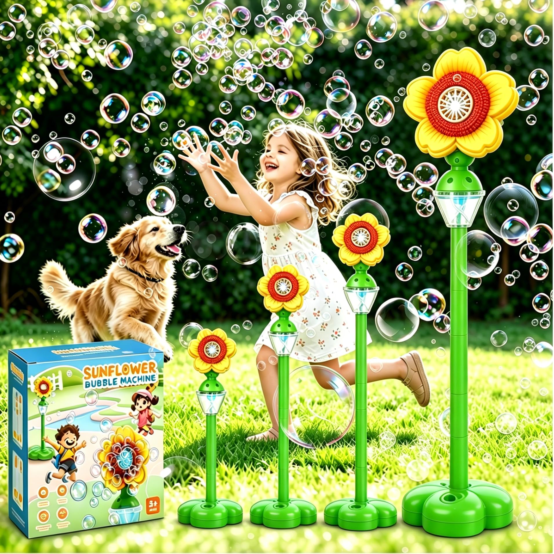 Sunflower Bubble Machine, Rechargeable Standing Bubble Machine for Kids 37in Adjustable Angle, Automatic Outdoor Bubble Machine with Colorful Light for Wedding Birthday Parties
