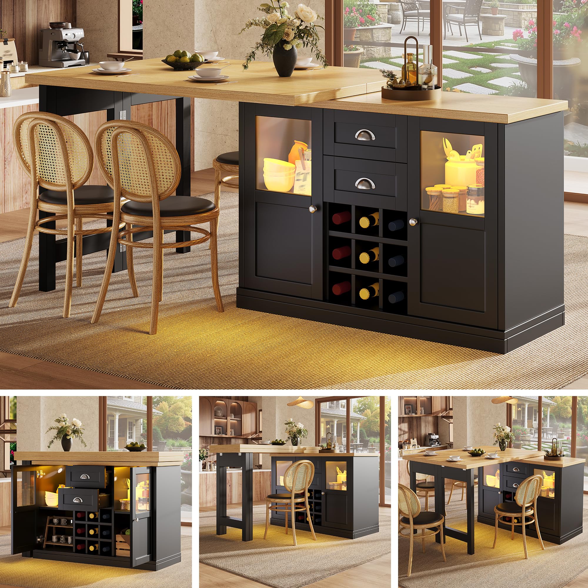 Merax Mesa de bar extensible con espacio de almacenamiento, mesa alta giratoria de 360°, isla de cocina independiente, diseño plegable, con iluminación LED de 3 colores, vinoteca y cajones, negro/120