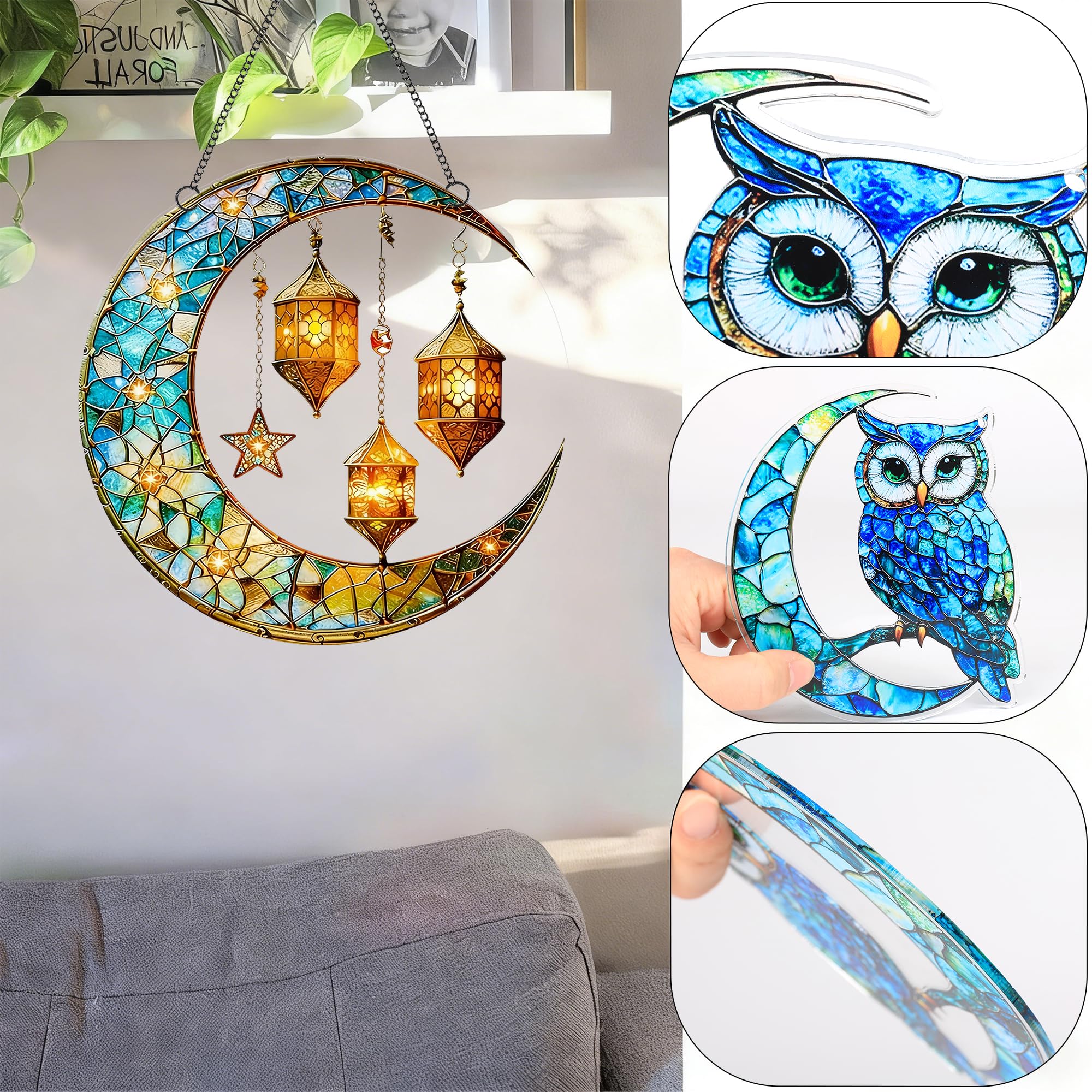 Crescent Moon & Lantern Acrylic Suncatcher with Hanging Chain, Moroccan Style Window Decor for Home, Patio, Garden, Ramadan & Housewarming，Ideal Present for Family and Friends/YX-37 — view 5