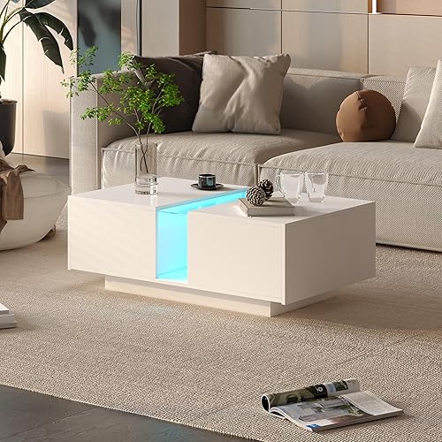 Miniatura 3 de Mesa de centro LED blanca para sala de estar, mesa rectangular de sala de estar con almacenamiento, mesas de centro de acrílico con 2 cajones