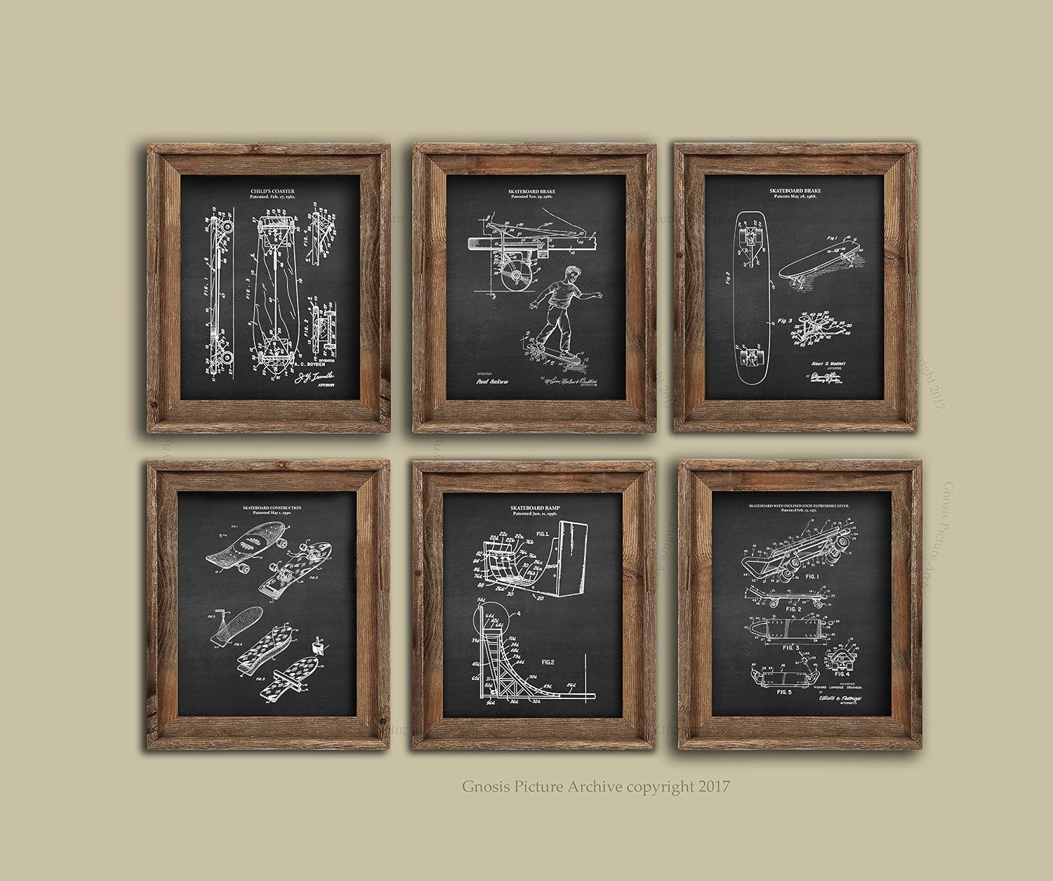 Skateboard Decor Set of 6 Unframed Skateboard Art Prints Boys Room Decor Patents_Skateboard_Chk6A