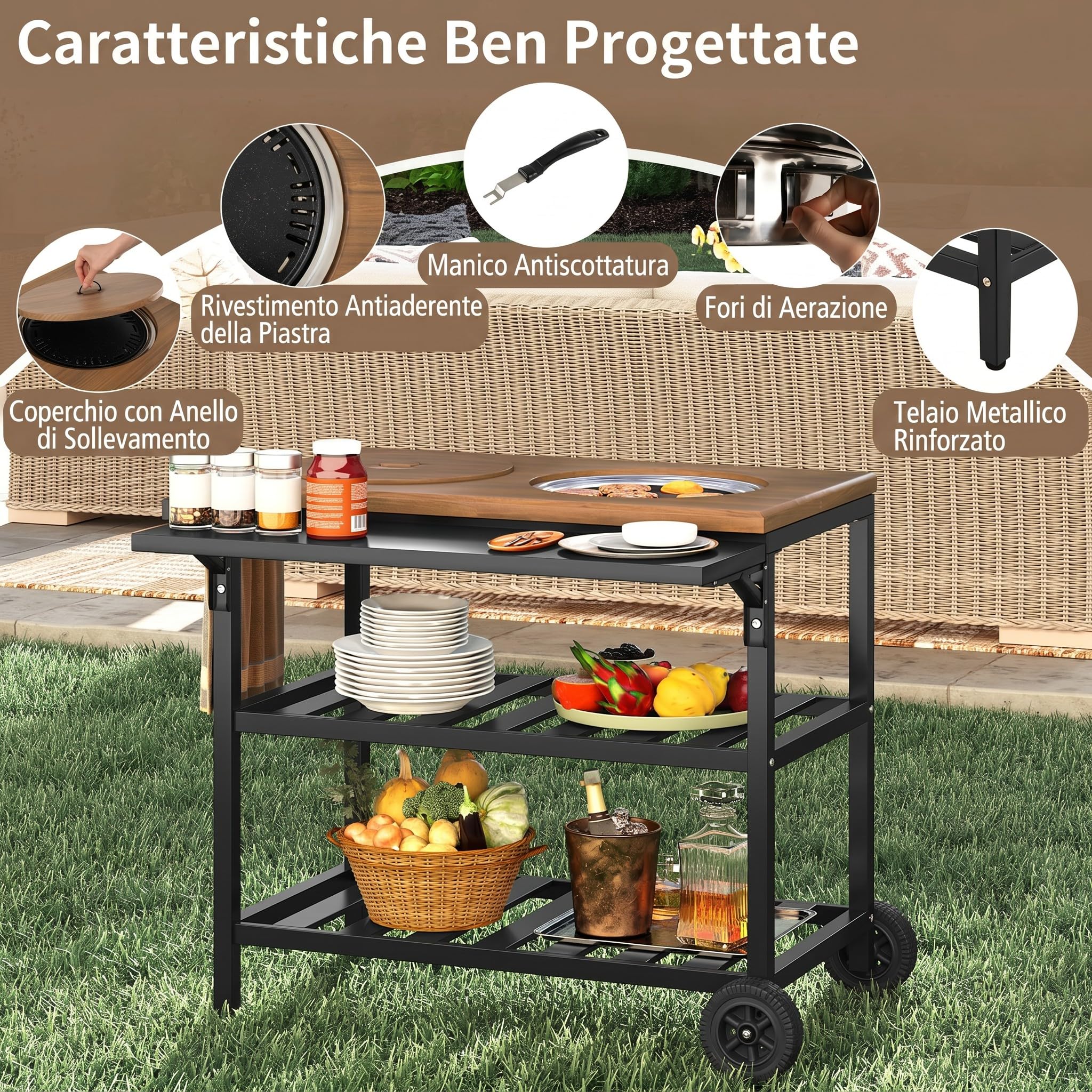 COSTWAY Carrello per Barbecue, Mobile Servizio da Esterno con Forno Smontabile, Griglie e Teglie in Metallo, Tavolino Pieghevole, Carrellino con Ruote per Picnic e Feste, 94,5 x 75 x 78,5 cm