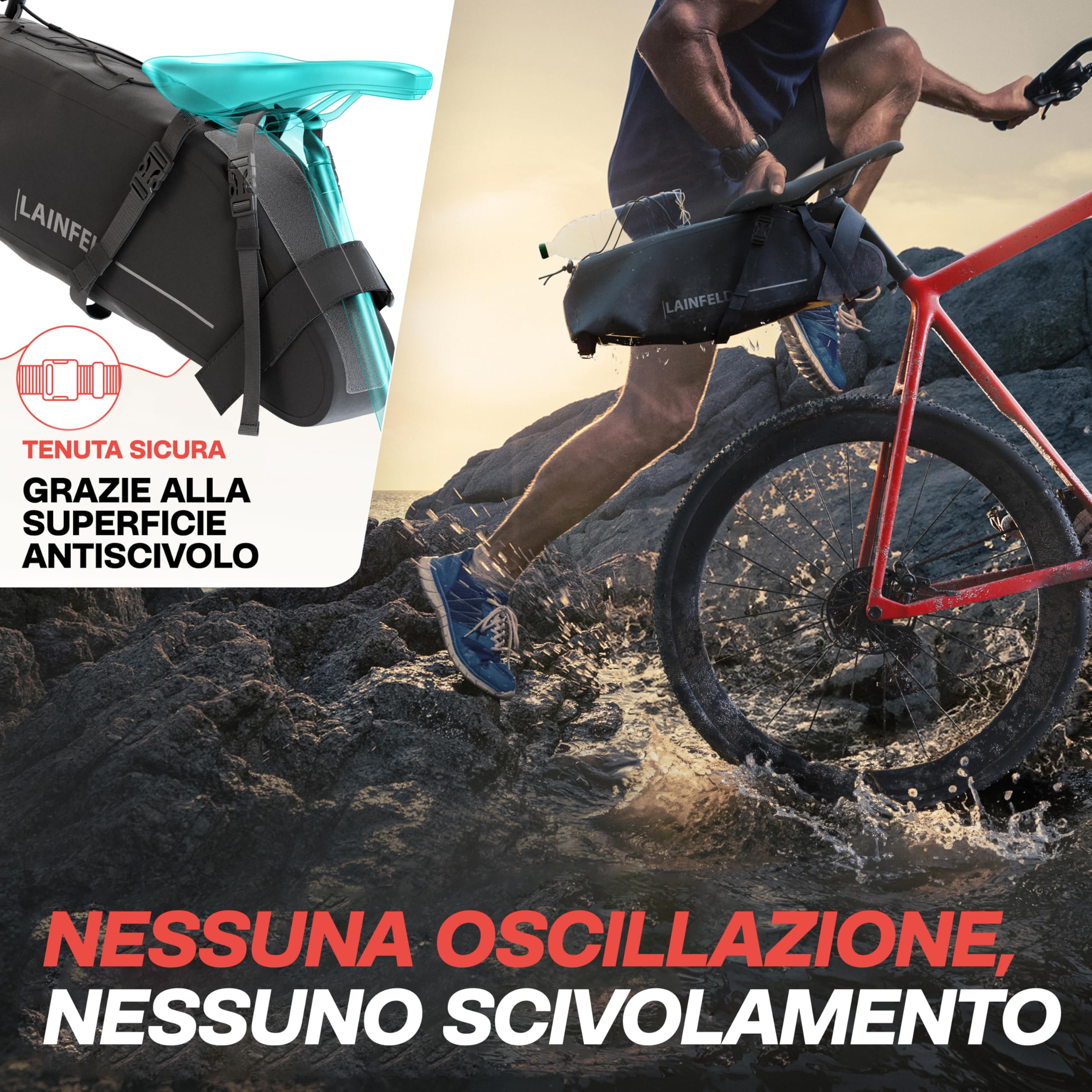 LAINFELD Borsa da sella per bicicletta [10 litri] | 100% impermeabile | stampa riflettente – Bike Packing E-Bike MTB Gravel Bike Bici da corsa Borse | Accessori per bicicletta elettrica, MTB, ghiaia e bici da corsa, borsa impermeabile