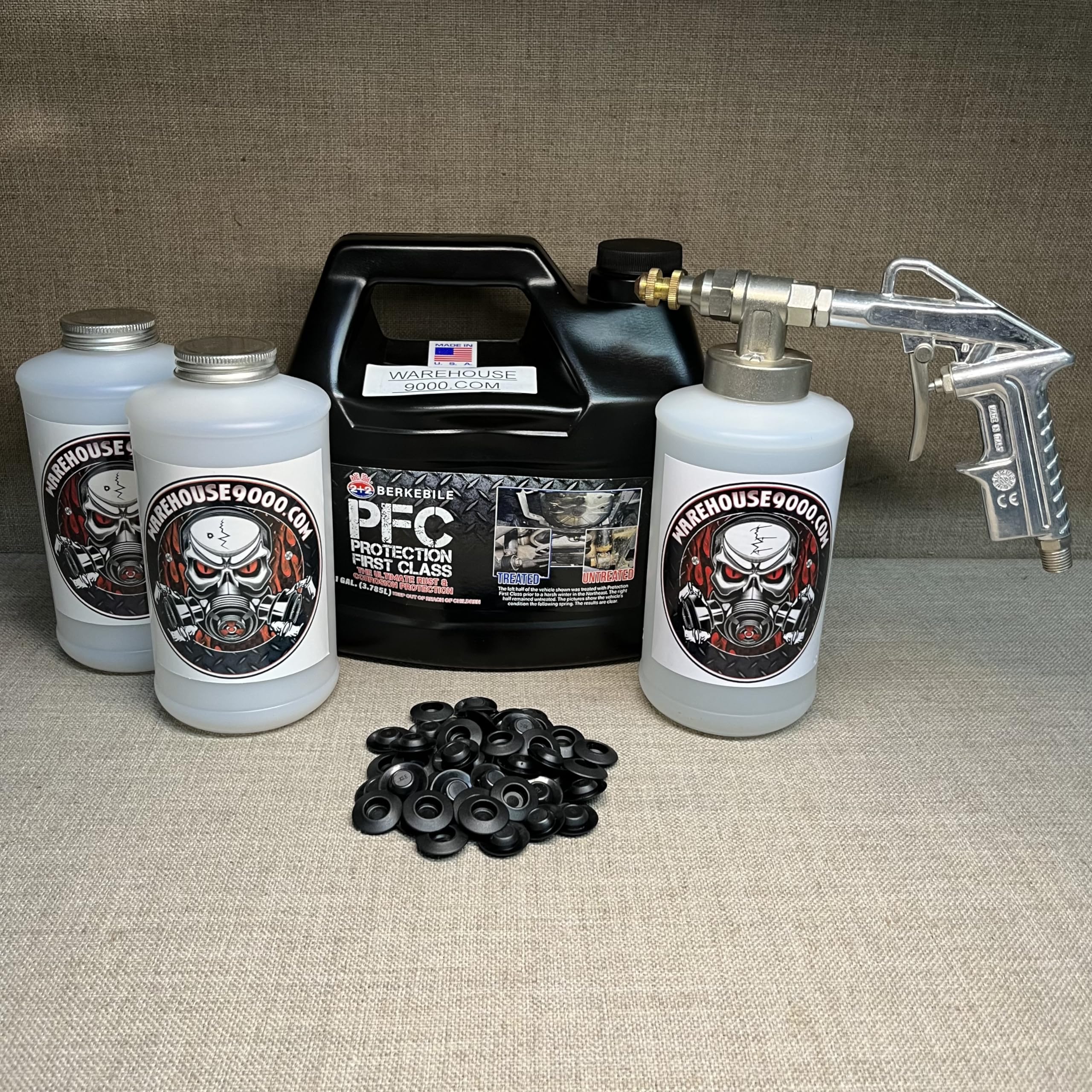 Gallon PFC Amber, Pro Undercoating Spray Gun, 3 White Quart Bottles, and 50 Rust Plugs