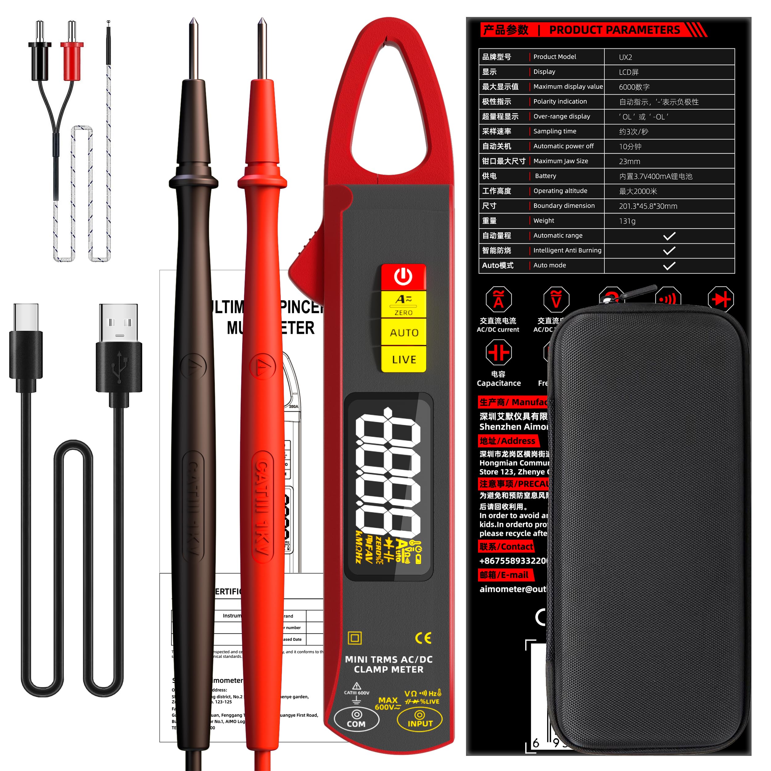 BSIDE UX2 Digital Stromzange DC AC TRMS 200A Klein Mini, Smart Multimeter Wiederaufladbar für Spannung Strom Kapazität Widerstand Dioden Frequenz Temperatur und Stromleitungen Messen