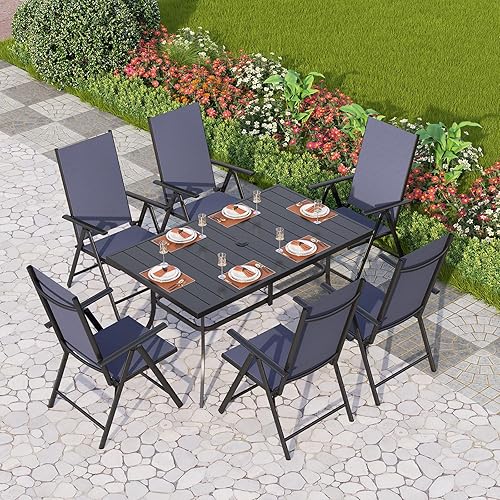 Miniatura 13 de PHI VILLA Juego de comedor de patio de 9 piezas, muebles de patio al aire libre con sillas plegables portátiles ajustables para patio (gris) y mesa
