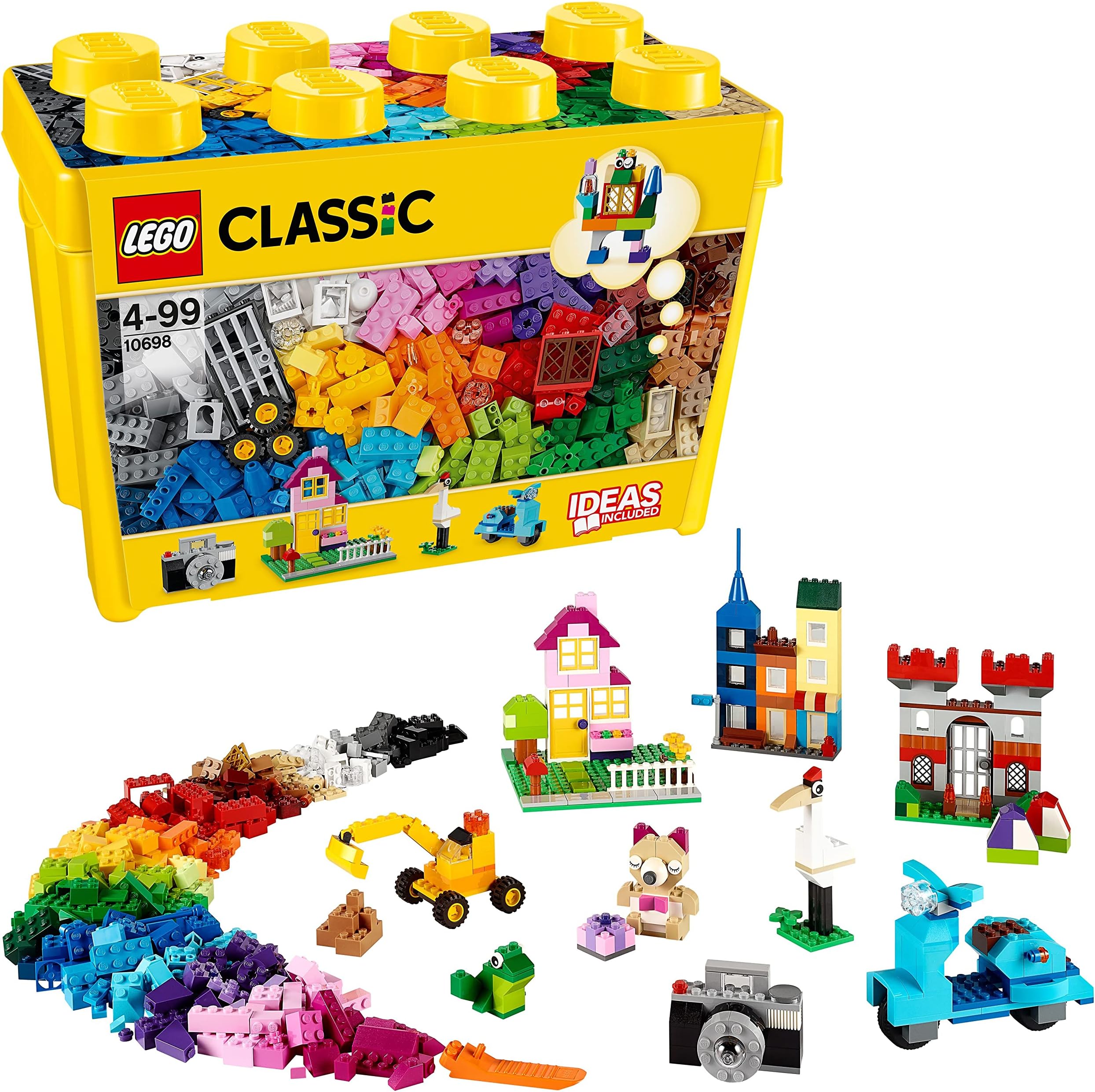 Classic Large Creative Brick Storage Box Set, Building Toys for 4 Plus Year Old Boys & Girls, Creative Construction Kit with Windows, Doors, Wheels and a Green Baseplate, Gift for Kids 10698