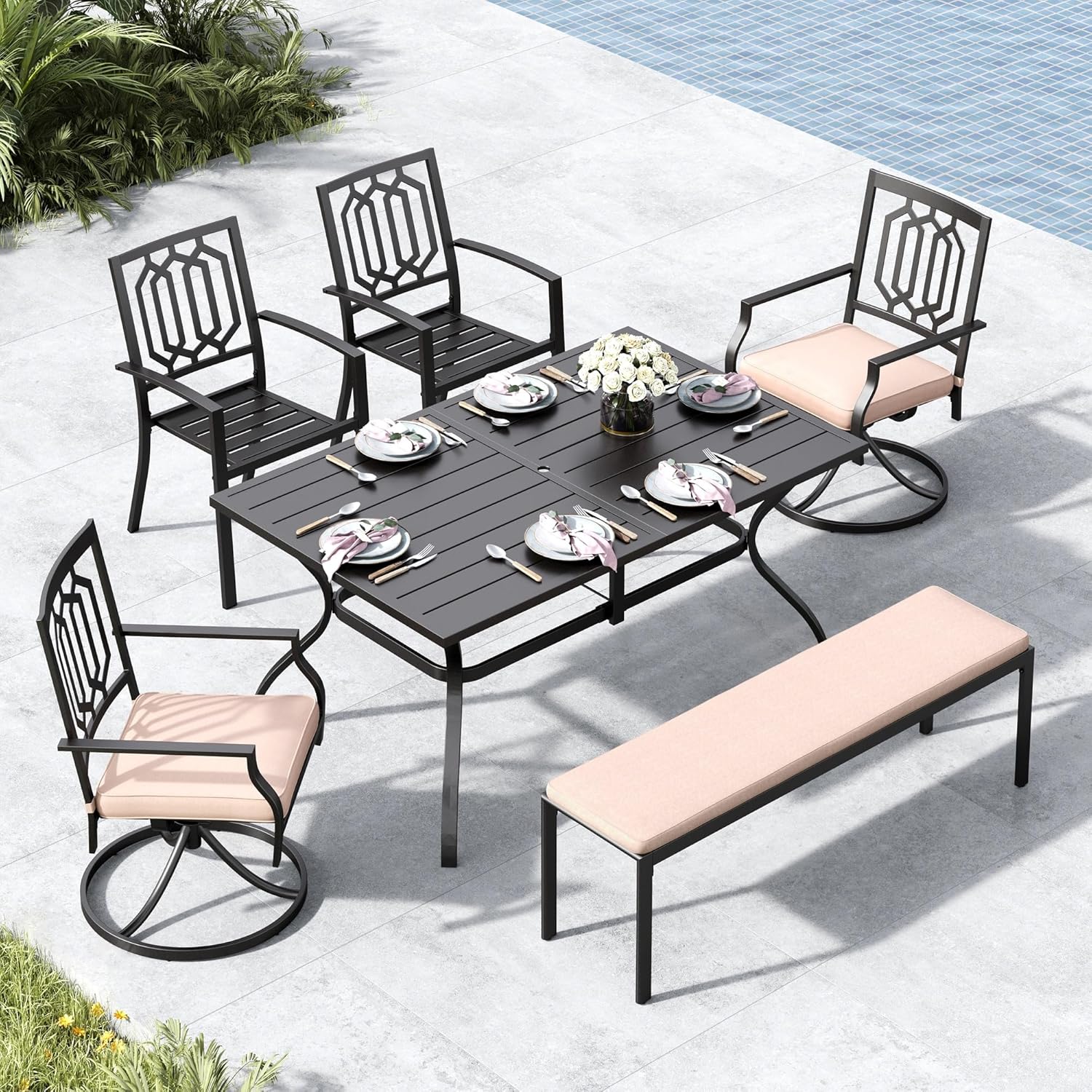 MFSTUDIO Patio Dining Set for 6, Outdoor Dining Set with 1 Bench, 2 Swivel Chairs, 2 Leg Chairs and 1 Rectangle Table