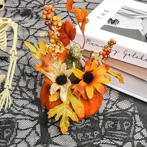 Miniatura 6 de Mini calabaza artificial con flor y hoja de arce para exteriores, Halloween, otoño, Acción de Gracias, centros de mesa, decoraciones