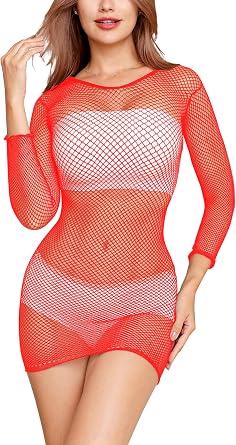 LemonGirl Womens Fishnet Long Sleeve Babydoll Chemise Crop Top Lingerie Nightwear One Size