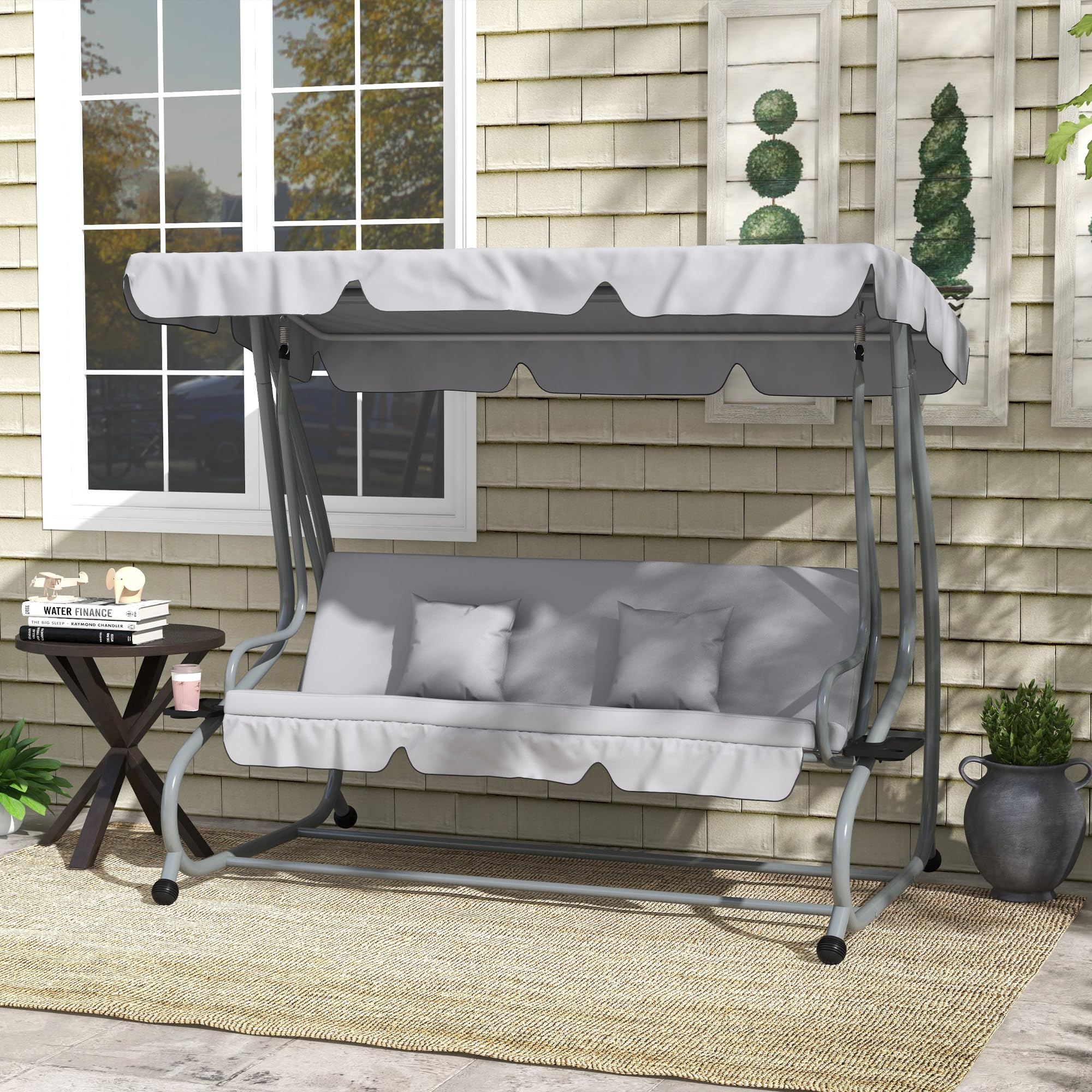 Outsunny Dondolo Letto da Giardino con Tettuccio Regolabile e Vassoi Portabicchieri, Dondolo da Giardino in Acciaio e Poliestere, 200x120x164 cm, Grigio