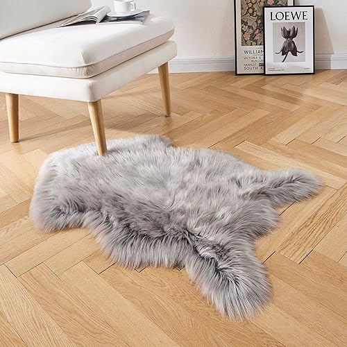 Rainlin Alfombras ultrasuaves y esponjosas de piel sintética de oveja para dormitorio, sala de estar, color gris, peludas, lavables, decoración del