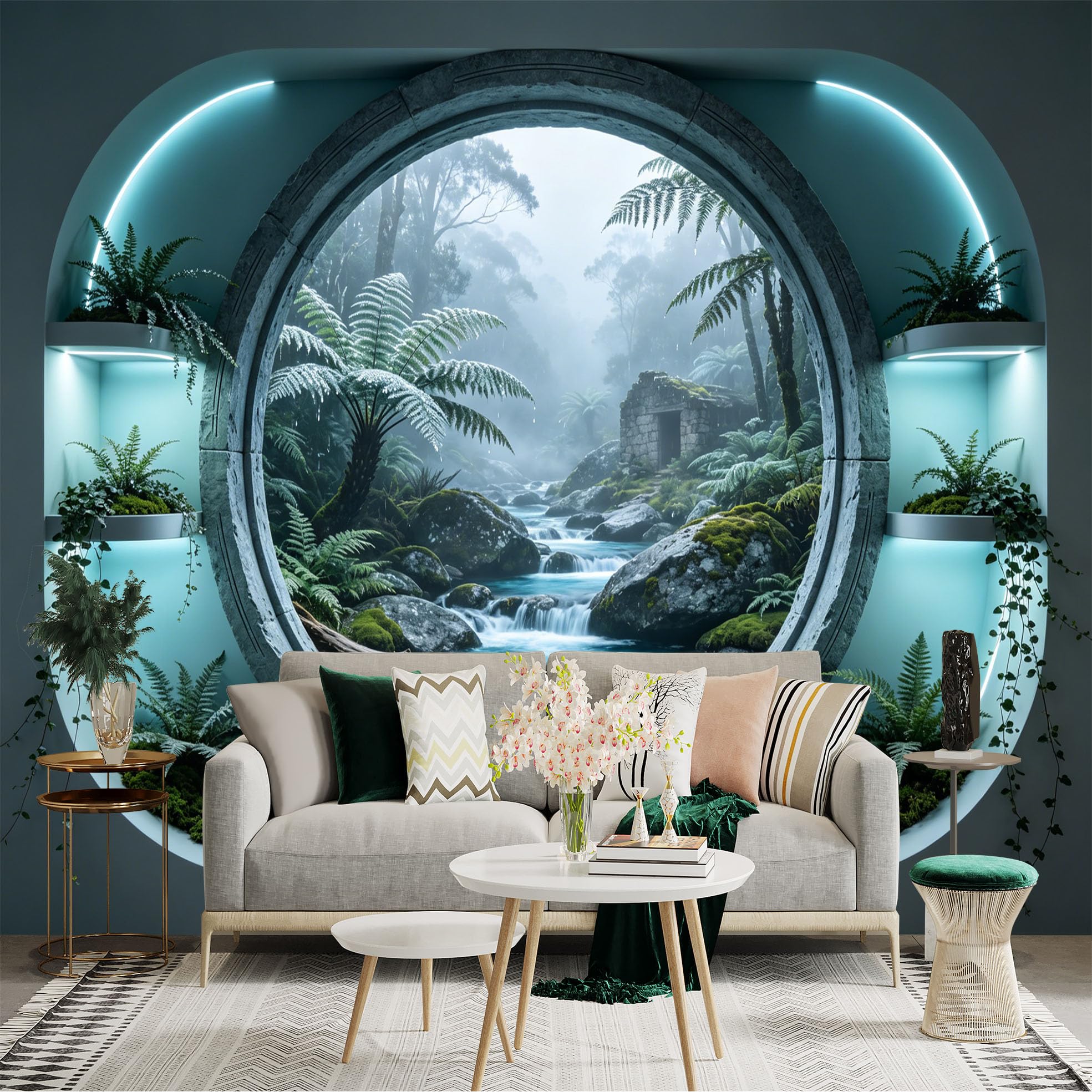 Custom Size Wall Sticker Mural， Misty Forest Waterfall with Ferns and Stone Ruins， for wall Decoration， peelandstick wall Decals.