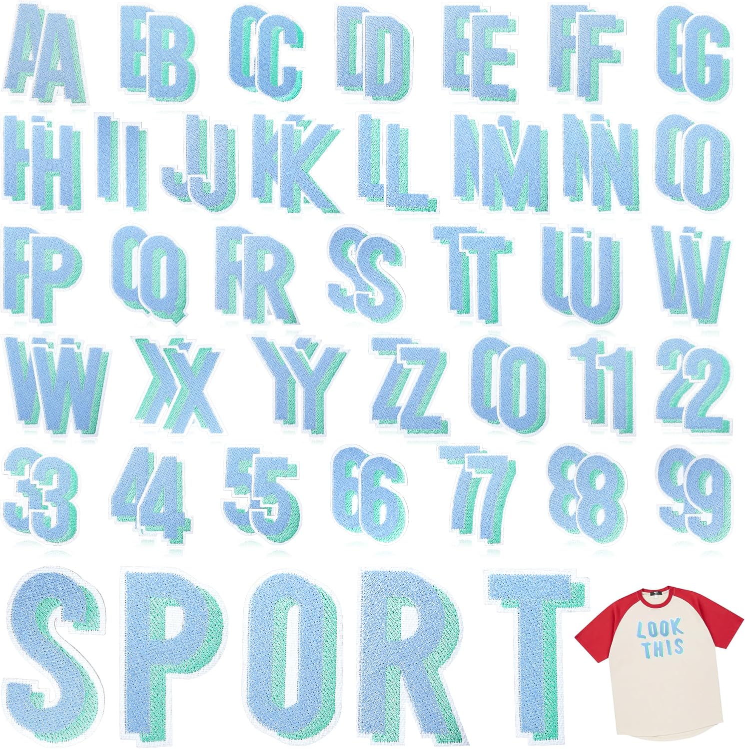 NICEVINYL Iron on Letter Patches for Clothing: 72PCS Blue-to-Green Alphabet Block Shadow Embroidered Sew on Patch - Iron on Letters and Numbers Applique for Trucker Hats Backpack Gifts