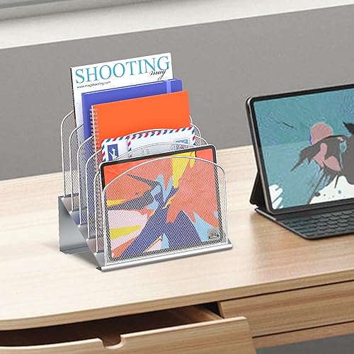 Vista 104 de Organizador de archivos de escritorio inclinado, soporte vertical de 5 secciones, soporte de metal clasificador de archivos para oficina y aula