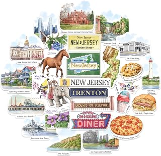Navy Peony Nostalgic New Jersey Travel Stickers - Hand-Painted Watercolor, Matte, Waterproof - for Journals, Scrapbooks (28 Pcs)