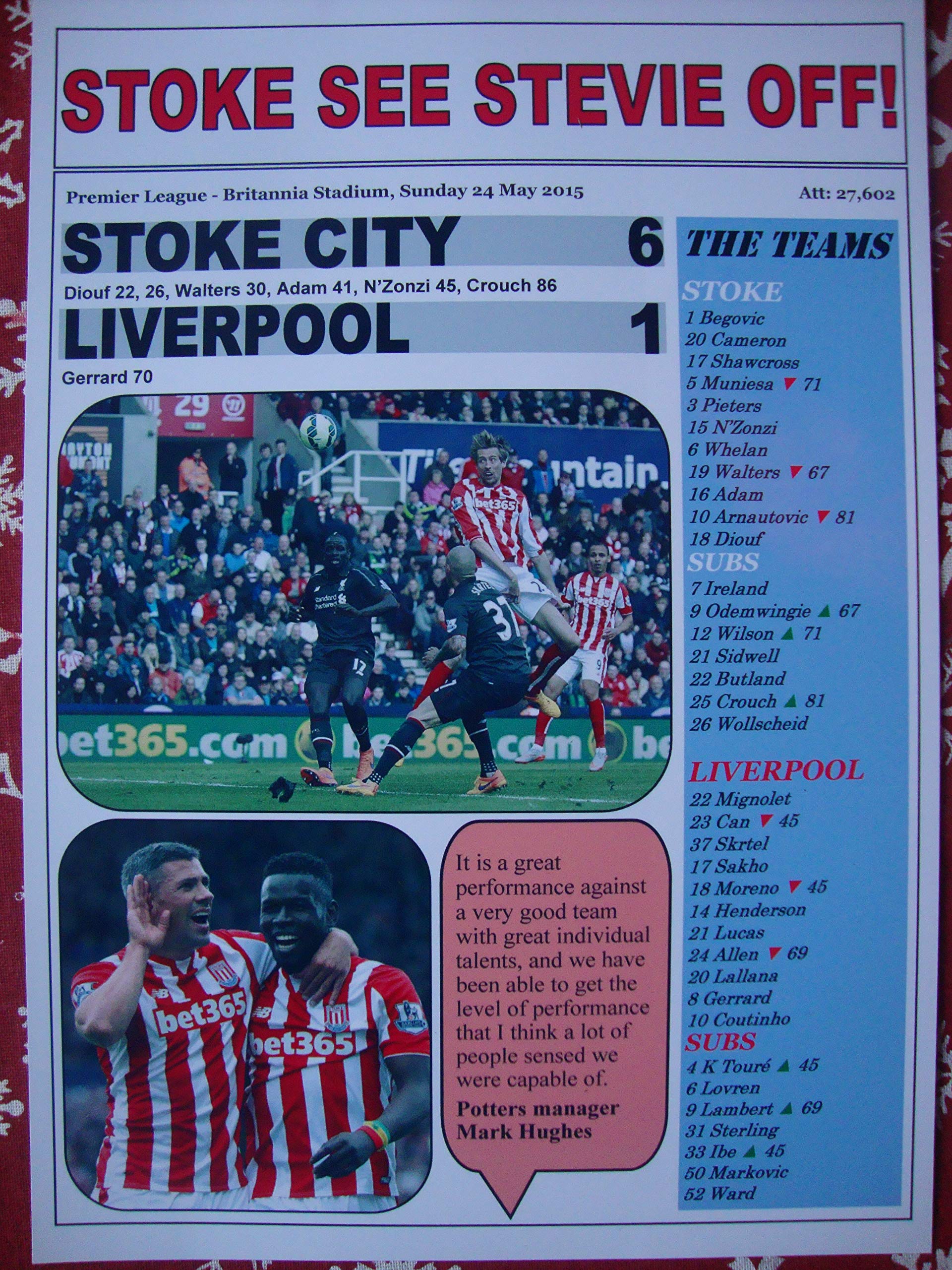 Sports Prints Uk Stoke City 6 Liverpool 1-2015 Premier League - Souvenir Print